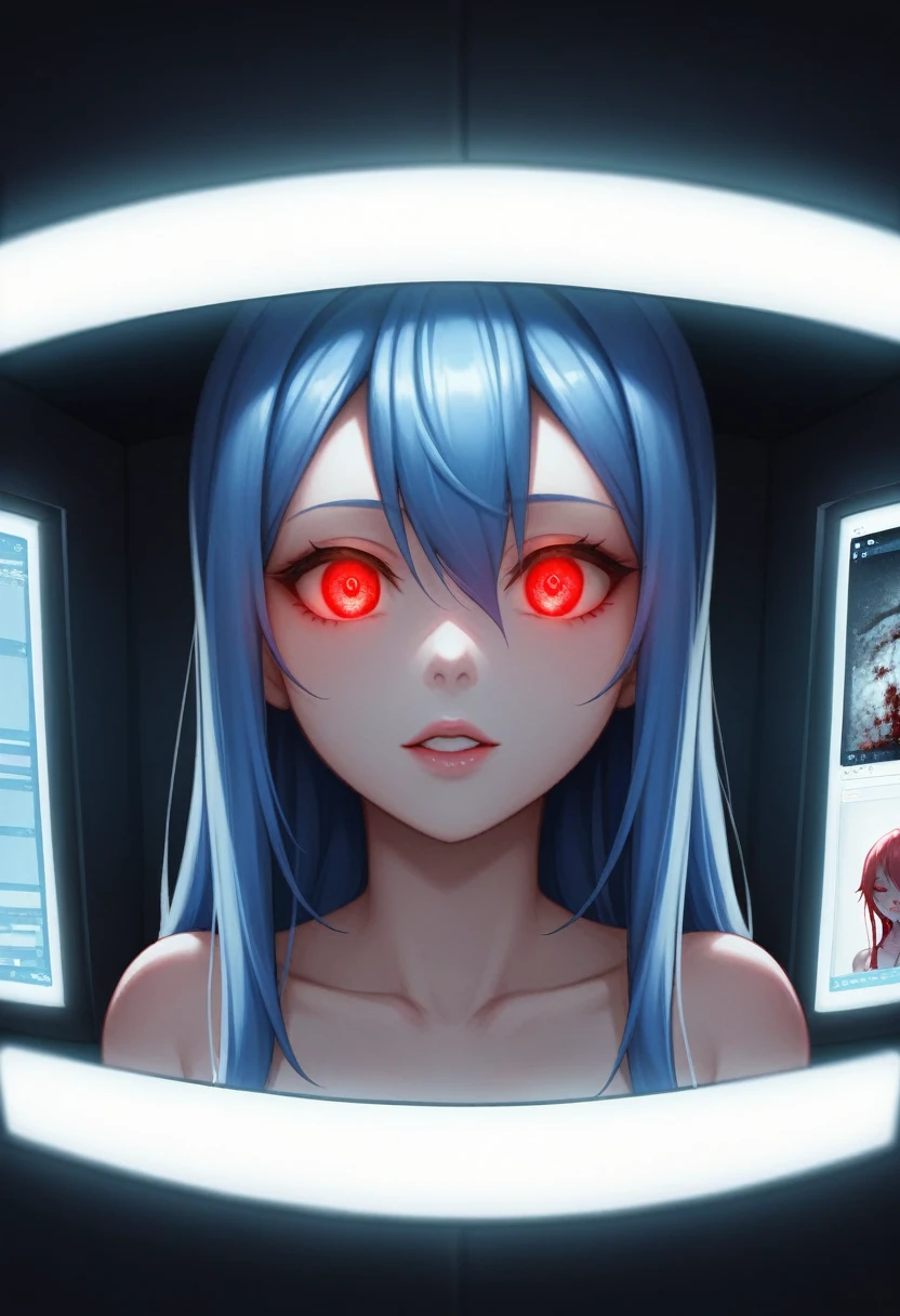 masterpiece, 1 girl, upper body, upclose, girl infront, looks at the viewer, Eyes in TV, Monitors with eyes in background, in doors, red eyes, blood, long blue hair, blue hair, many details, back facing viewer, head turned to look at viewer, emotionless, dim room, only light from tv monitors, monitors with eyes, Many screens showing different things, 1 girl in a screen, detailed eyes in the other screens, well lit, blood on hair, blood dripping from eyes, eyes with crosses in them, pale skin, seperate monitors, emotionless face, glowing eyes, long hair, white hair, eyes split in half, detailed, neon eyes, beautiful eyes, cool eyes, large monitor screen displaying beautiful eyes in background, girl in the center, silhouette of a girl in the center, red lighting, red eyes, blood, detailed, glowing, dim room, lighting from screens, massive screens displaying giant girl in the background , long hair,in a cinema room, dim lighting, bright lighting, red eyes, girl on screen panel, eyes in screen panels, long red hair, bright red hair, long hair, hair glowing, well lit, detailed, detailed lighting, well lit hair, well lit face, looking at viewer, dim room, screen monitor panels, monitors with girl in them, emotionless expression, eye in monitor screen, lots of monitor panels, sectioned panels, glowing eyes, red eyes,