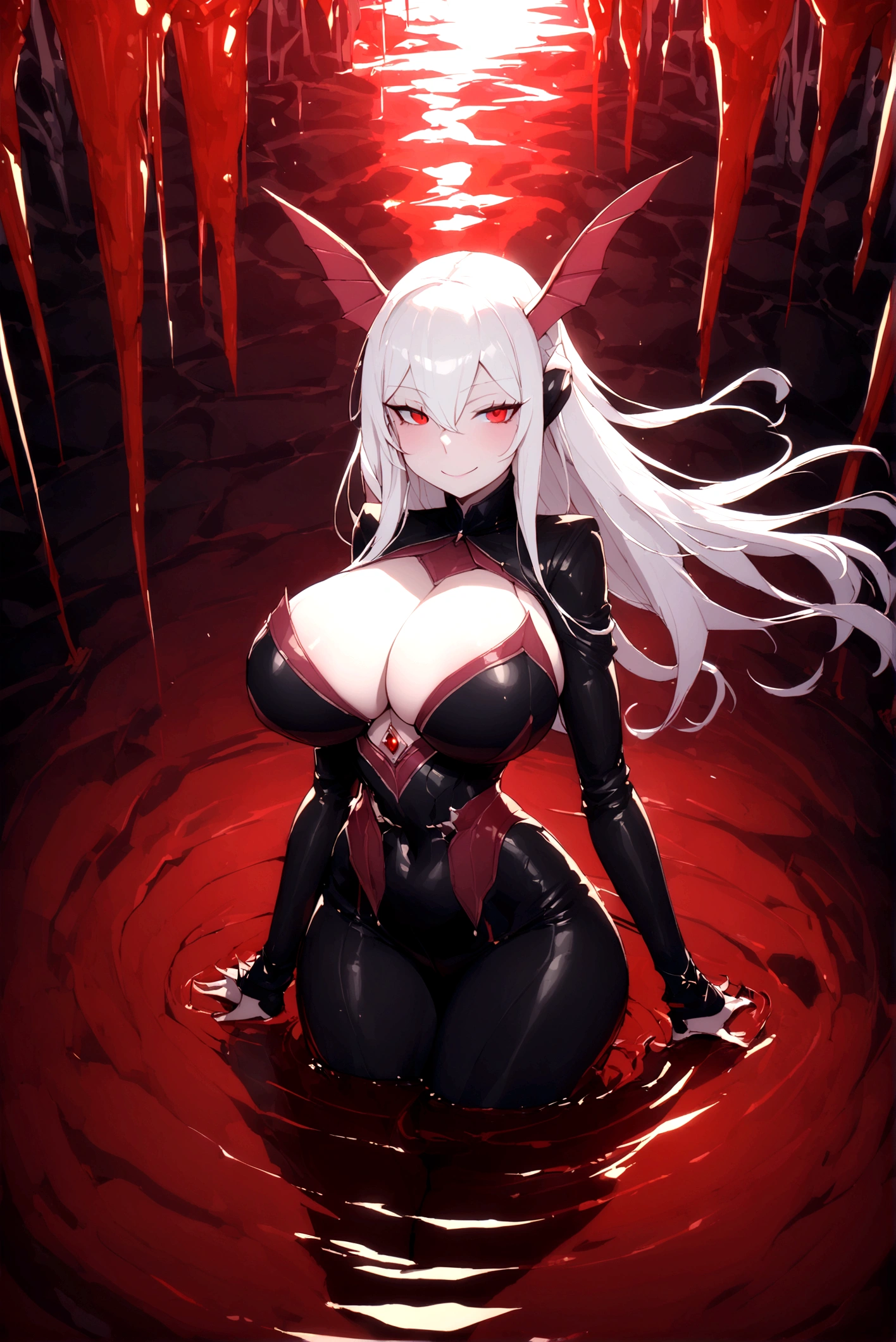 girl, (huge breasts size 128 cm), (narrow waist), Powerful woman, White hair, big butt size 130, beautiful face, fine features, Red eyes, SMILE, evil, psychopath, mileena costume, black suit, coming out of a river of blood