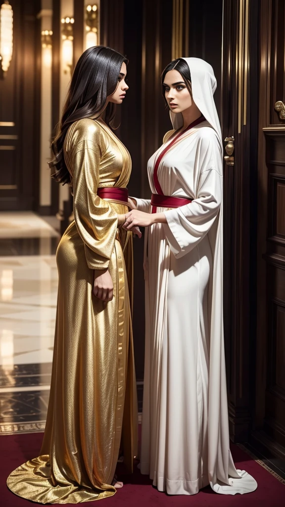 2 beautiful woman, ((standing face to face)), one in a (white/gold gedi robe), one beautiful woman in a (black/red sith lord costume), 2 women, star wars, hyperrealistic, 8k, highly detailed, photorealistic, dramatic lighting, cinematic composition, intricate costume details, elegant poses, dynamic movement, moody color palette, dramatic shadows, vivid colors, stunning visuals
