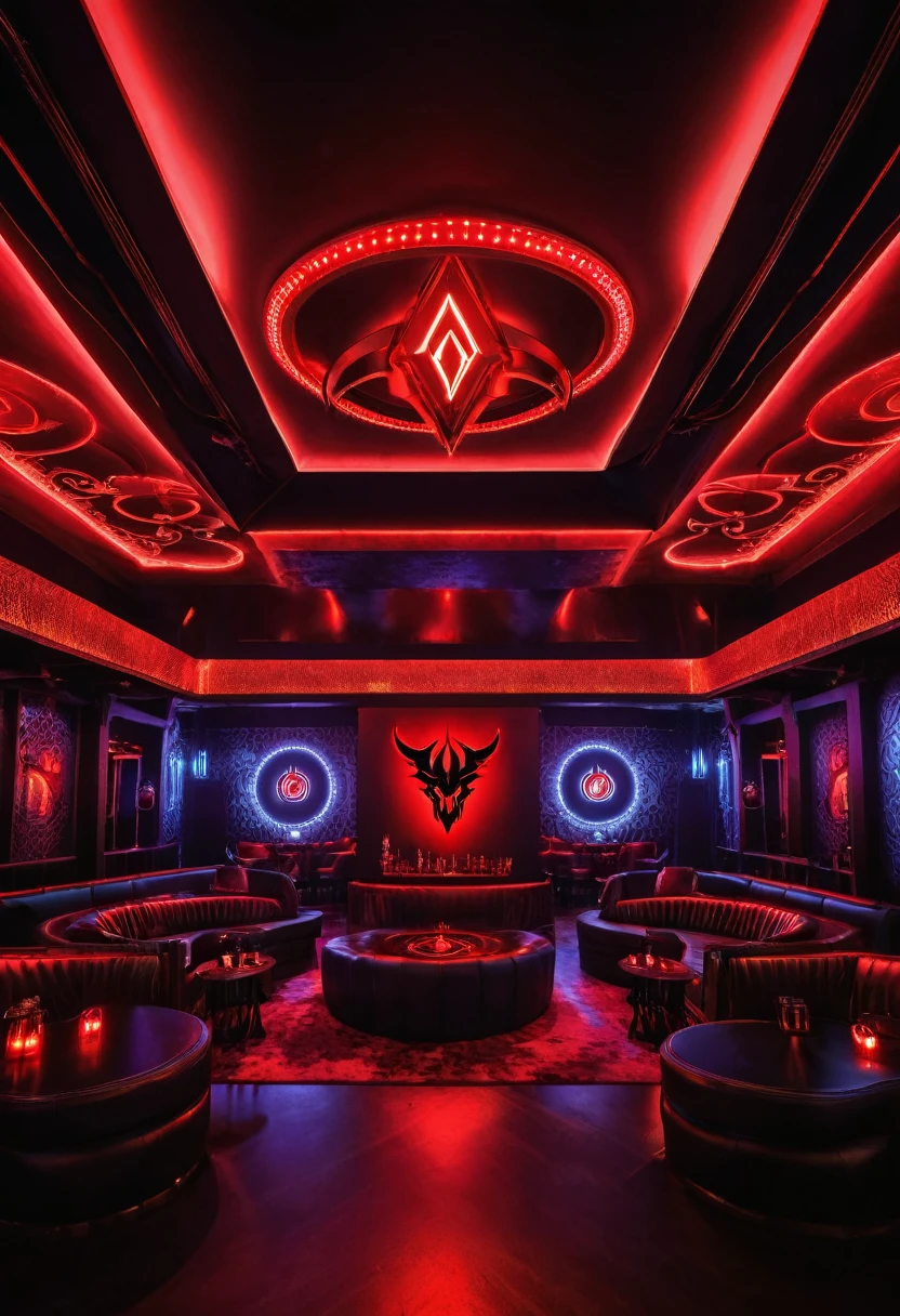 A large luxurious nightclub with red lights and the diablo logo