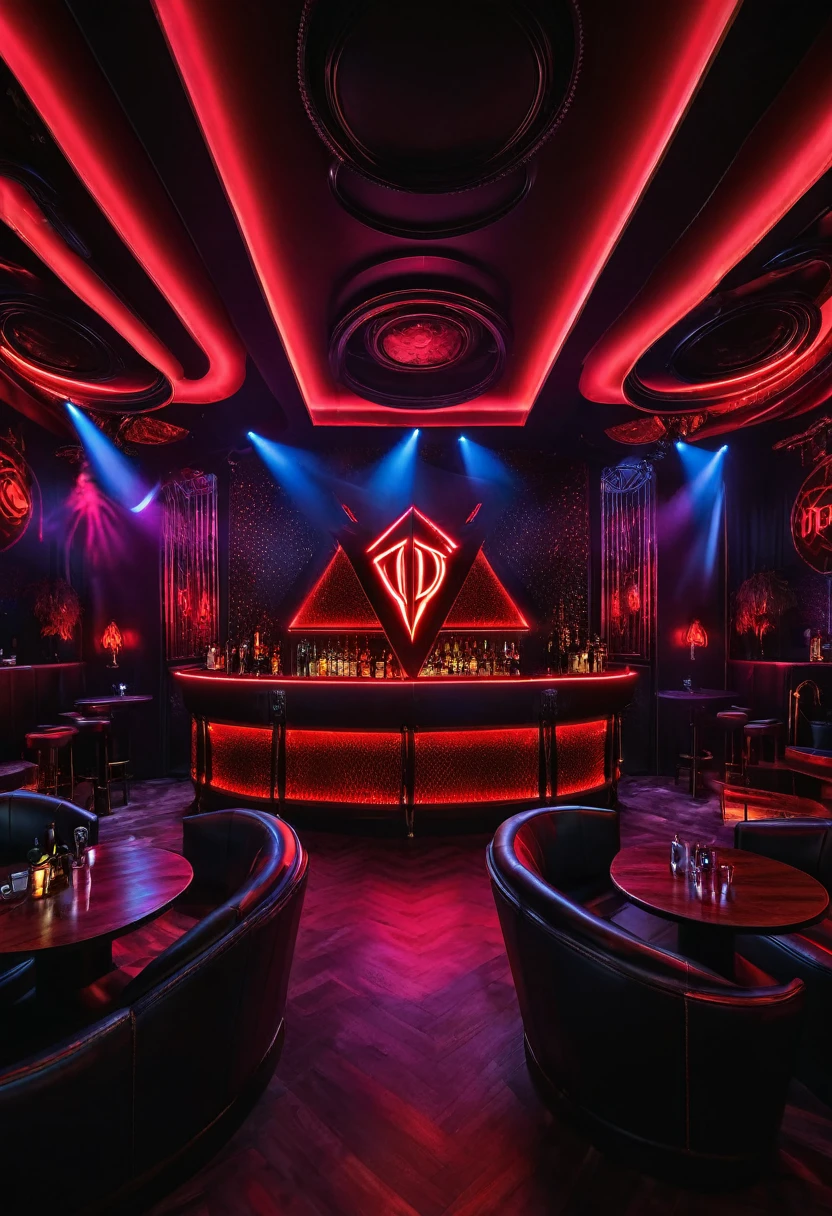 A large luxurious nightclub with red lights and the diablo logo 
