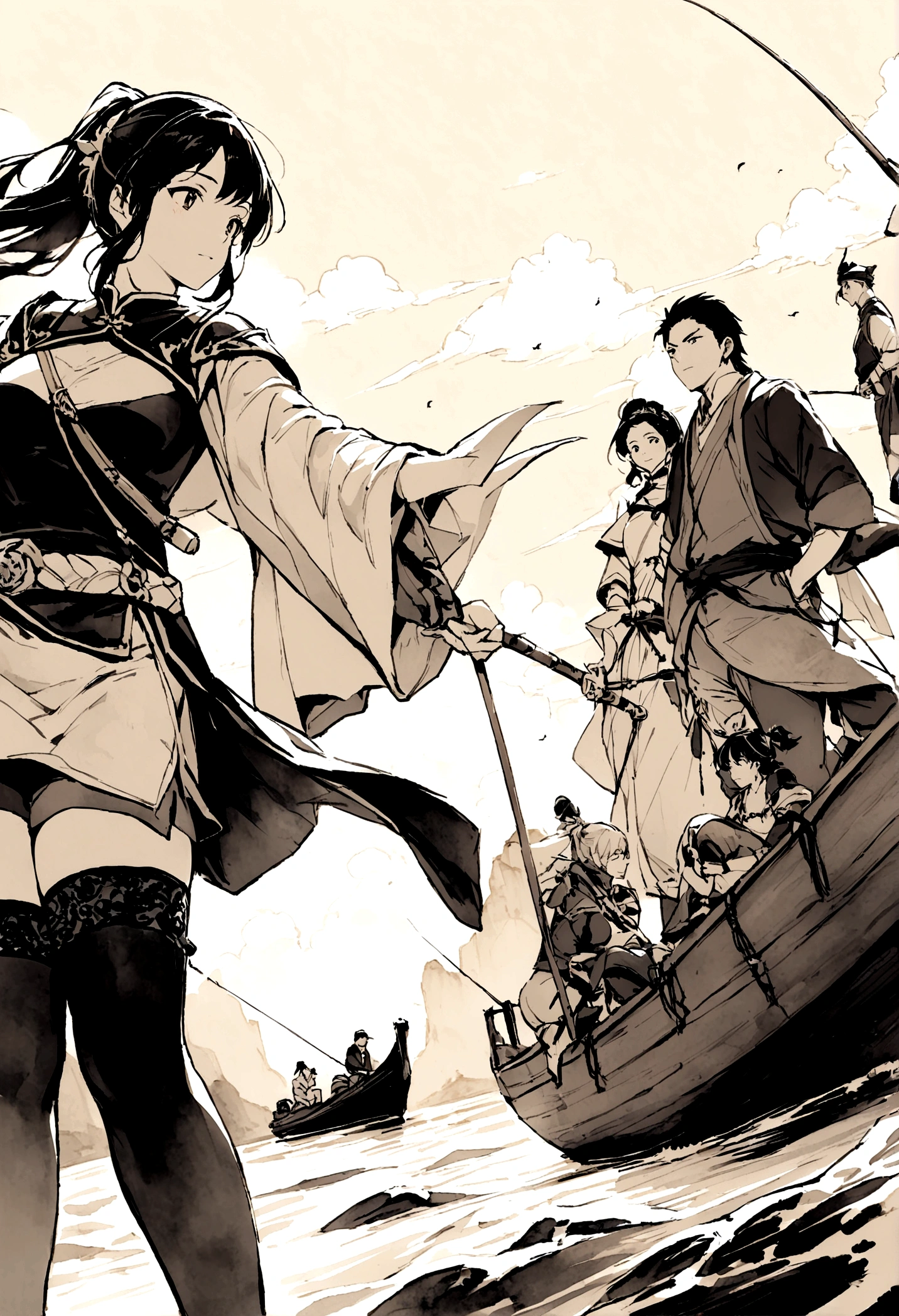 chinese landscape painting，잉크 and watercolor painting，water ink， middle aged woman stockings  ，very wide viewing angle，meticulous，scenic fishing boat，blur，desaturated，low contrast，beautifully depicted，detailed，Acura，works of masterasterpiece