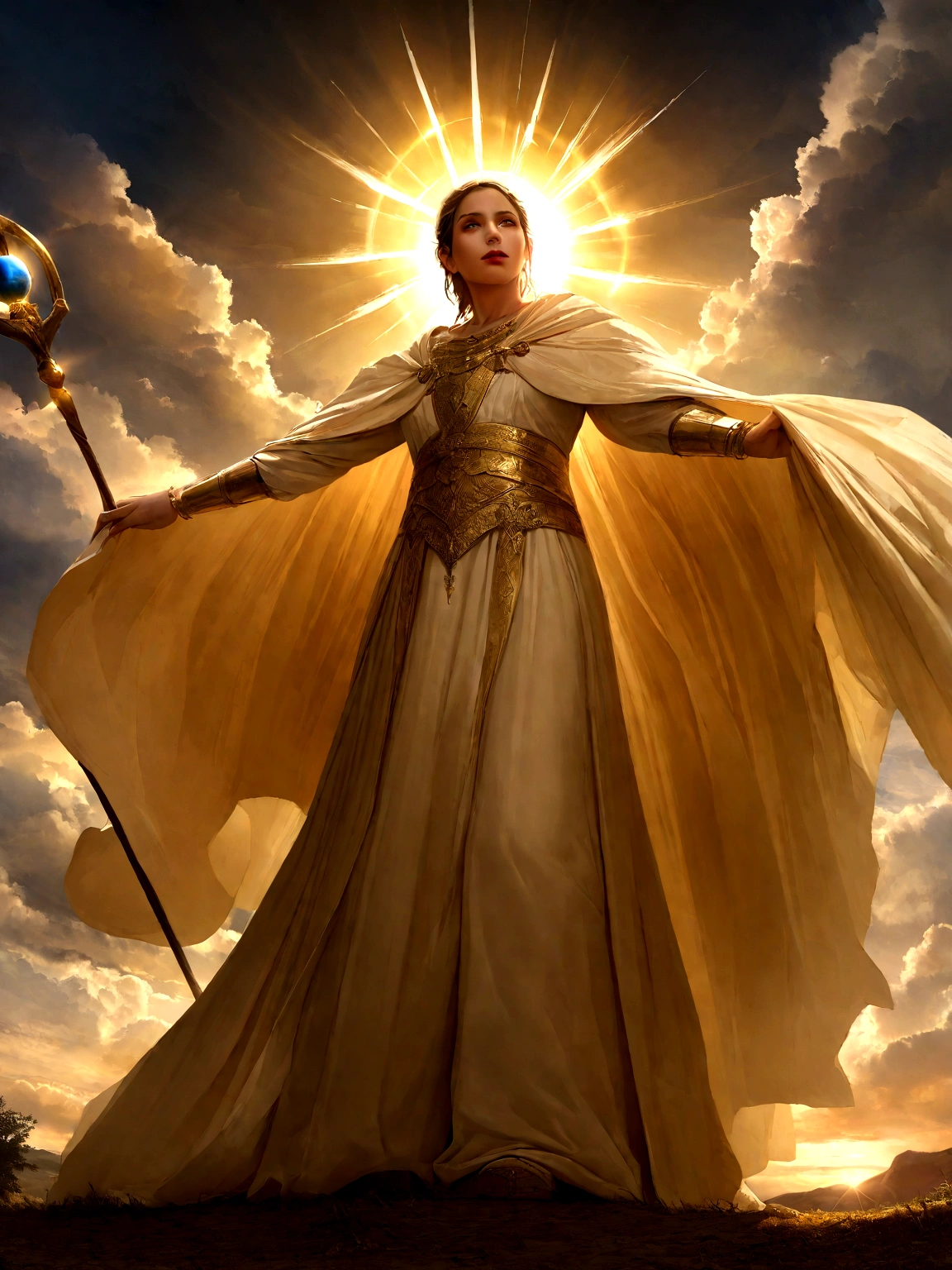 (Biblical times) Create a dramatic and mystical image for a YouTube thumbnail about &#39;The Three Men in the Bible Who Never Died&#39;. The image should show three distinct male silhouettes ascending into the heavens, with a background of golden clouds and rays of light. Silhouettes must be easily distinguishable: one representing Enoch (maybe with a staff), another Elijah (may have a flowing cloak), and the third representing Jesus (with a brighter aura). Use a gold-rich color palette, luminous sky blues and whites. No top edge, leave space for text. The image must be of high resolution and professional quality, adequada para uma thumbnail de YouTube, with a style that mixes realism and a supernatural touch, depth of fields, bokeh, hentail realism, photorrealistic, ultrarealistic realism, professional photoshooting, 8k hd , slr digital, hdr , Tablet principal, best qualityer, granular film, Pinturas photorrealistics, Fujifilm XT3