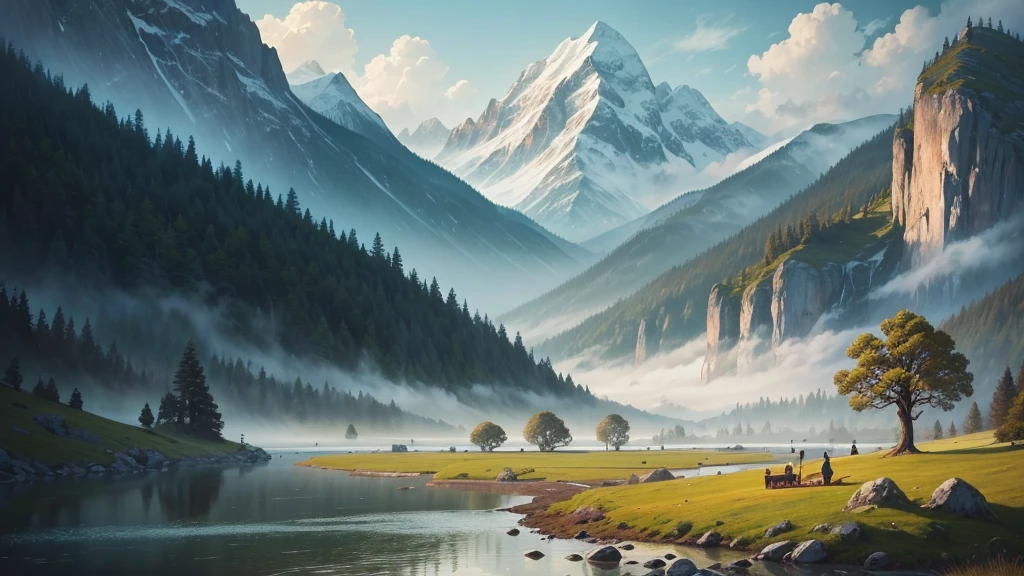This photo shows a mountain landscape with towering mountain ranges shrouded in mist. In this landscape there is a still river or lake, with a small boat and two people rowing it. Around there are ancient trees with colorful leaves, creating a very peaceful and dreamy scene. The painting is in the style of traditional Chinese art, with sophistication in every detail and harmonious colors.