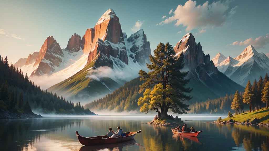 This photo shows a mountain landscape with towering mountain ranges shrouded in mist. In this landscape there is a still river or lake, with a small boat and two people rowing it. Around there are ancient trees with colorful leaves, creating a very peaceful and dreamy scene. The painting is in the style of traditional Chinese art, with sophistication in every detail and harmonious colors.