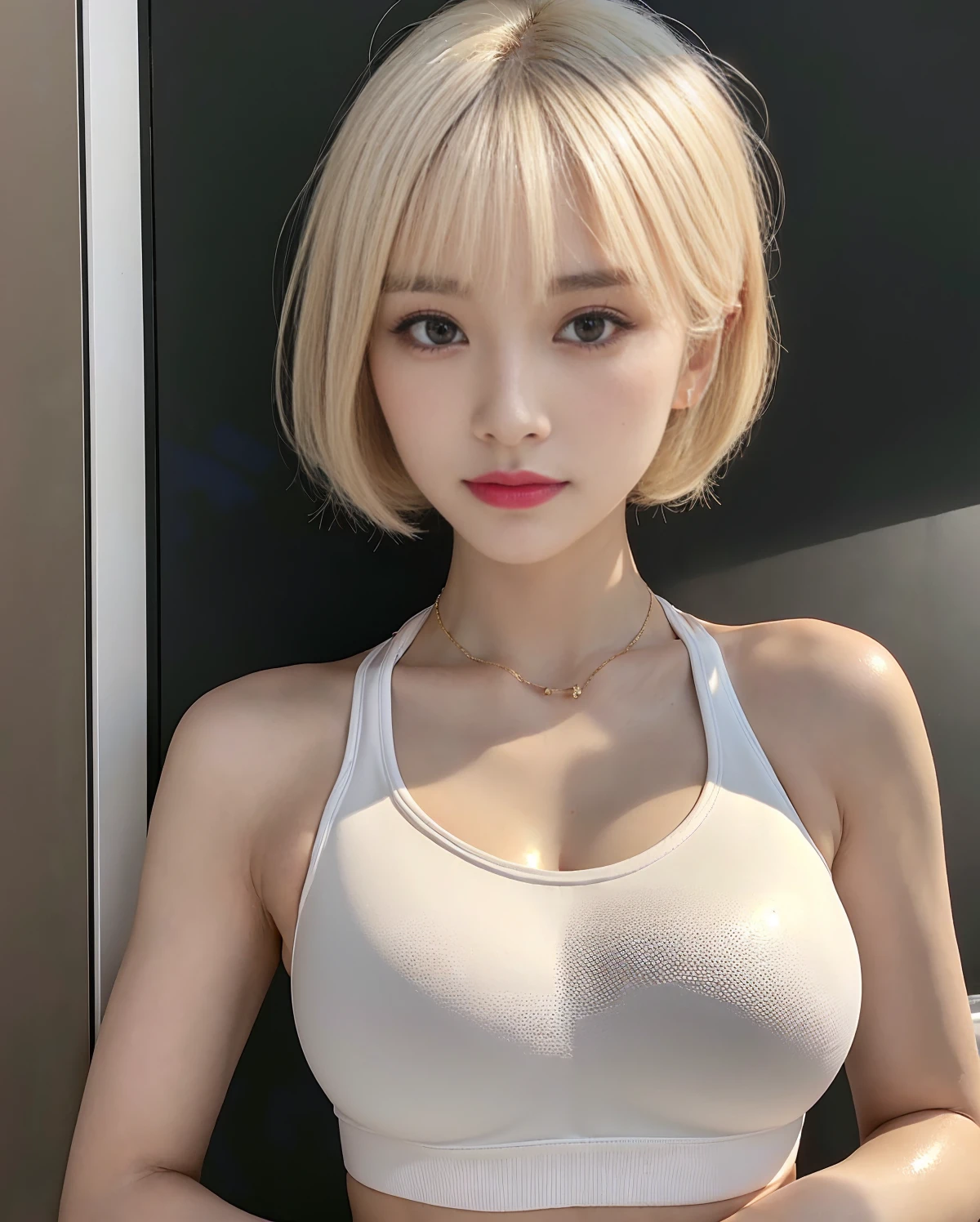 (((masterpiece))), Ultra-high resolution, (8K), (((Looks super realistic))), Highest quality, Ultra fine, ((Anatomically correct)), Cinematic lighting, (Super beautiful sexy 29 year old woman), ((Only one person)), Oval Face, Beautiful Face, smirk, Natural Makeup, Detailed big eyes, double eyelid, Detailed eyebrows, Thick lips, ((Short hair:1.3)), ((White Blonde hair color:1.3)), Detailed skin texture, Glowing Skin, (Alluring large breasts:1.3), Perfect and beautiful body, Seductive big ass, Detailed and perfectly fitted outfit, (((A colorful, shiny and glamorous sports bra))), Fascinating earrings, Fascinating Necklace,