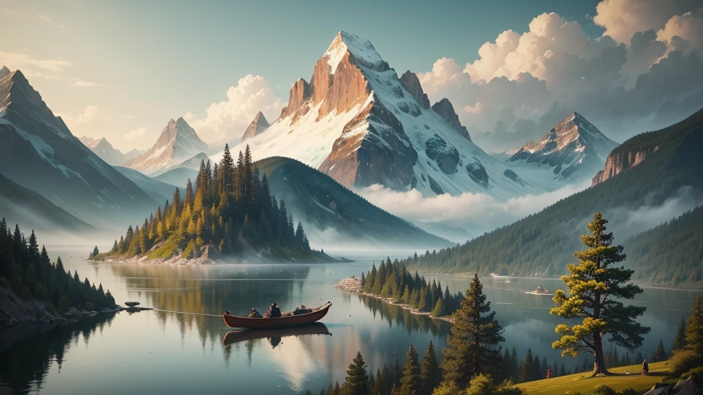 This photo shows a mountain landscape with towering mountain ranges shrouded in mist. In this landscape there is a still river or lake, with a small boat and two people rowing it. Around there are ancient trees with colorful leaves, creating a very peaceful and dreamy scene. The painting is in the style of traditional Chinese art, with sophistication in every detail and harmonious colors.