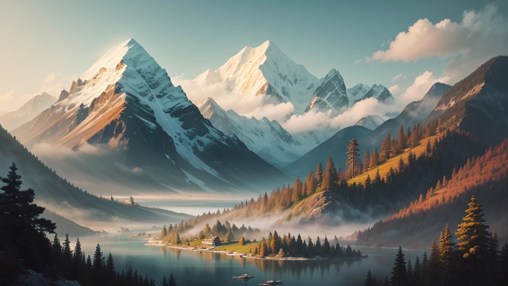 This photo shows a mountain landscape with towering mountain ranges shrouded in mist. In this landscape there is a still river or lake, with a small boat and two people rowing it. Around there are ancient trees with colorful leaves, creating a very peaceful and dreamy scene. The painting is in the style of traditional Chinese art, with sophistication in every detail and harmonious colors.