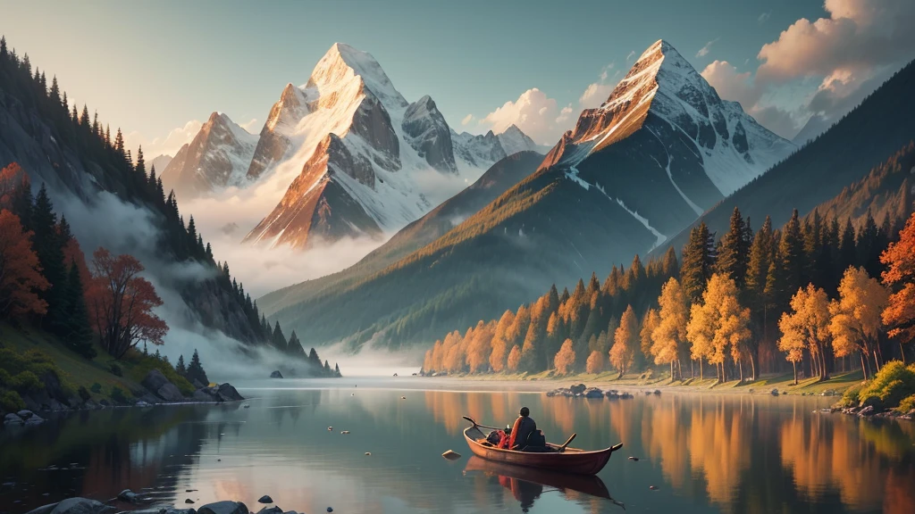 This photo shows a mountain landscape with towering mountain ranges shrouded in mist. In this landscape there is a still river or lake, with a small boat and two people rowing it. Around there are ancient trees with colorful leaves, creating a very peaceful and dreamy scene. The painting is in the style of traditional Chinese art, with sophistication in every detail and harmonious colors.