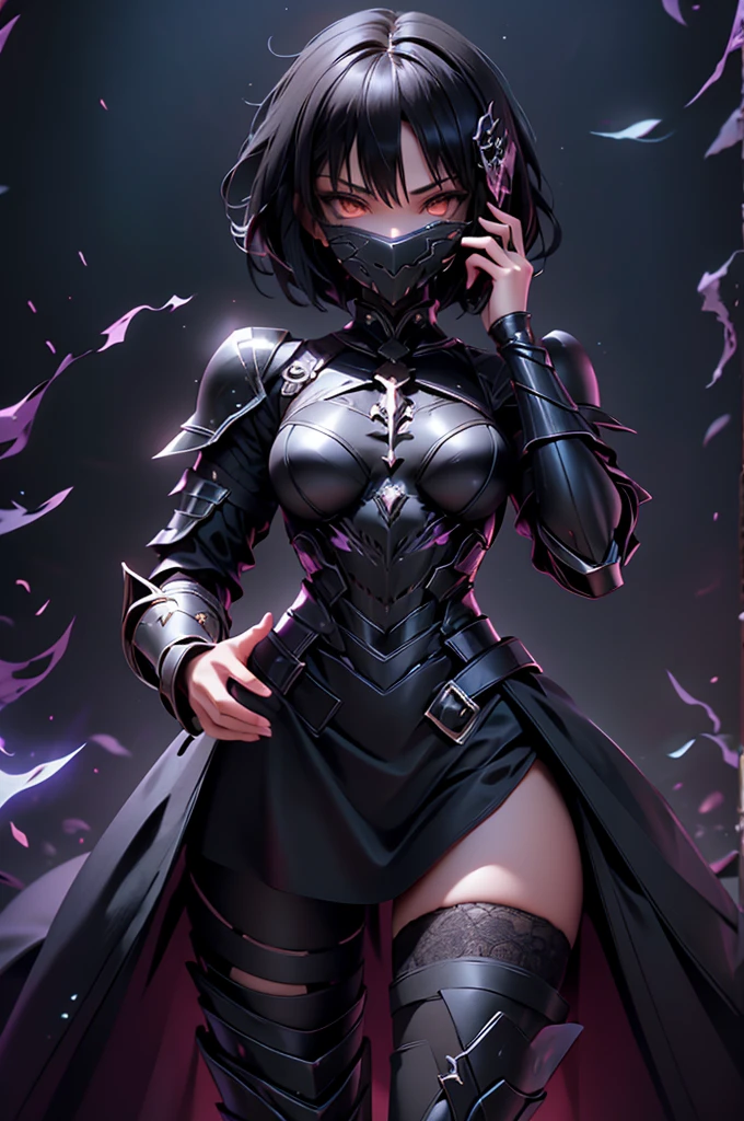 Girl with perfect body, short black hair, full magic combat armor, armor covering his entire body, hollow mask on the face, lace stockings, magical aura, powers in the hands, be magical, subreal world background