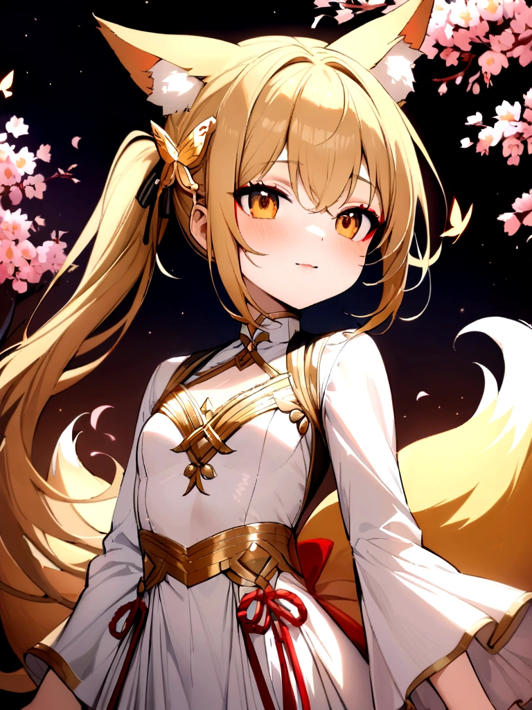 (masterpiece, best quality) junior,detailed, (beautiful,small breasts), blonde,long hair, side ponytail(gold butterfly hairband), elegant, (fox ears),nine tailed fox tail, red eyeshadow, golden eyes, femur,漏出femur, white shirt,free,cherry blossom tree background,girl,NIGHT