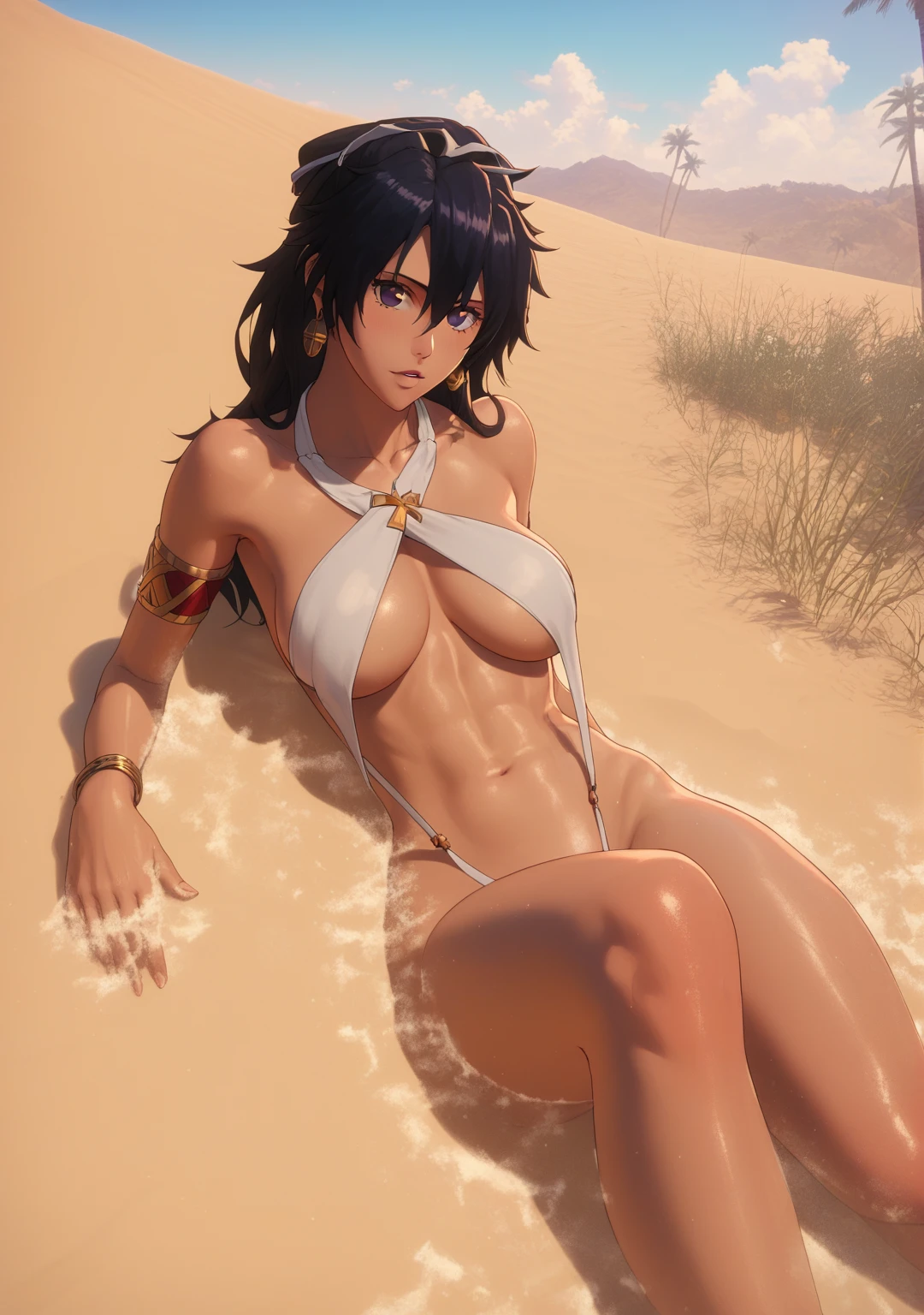 (asura art style:0.7), score_9, score_8_up, score_7_up, score_6_up, bambietta, (long hair:1.3), hair between eyes, bangs, (black hair:1.3)pin, BREAK (masterpiece:1.2), best quality, high resolution, (beautiful detailed eyes:1.3), perfect lighting, (perfect hands, perfect anatomy), large breasts, sagging breasts, 1girl, solo, breasts, jewelry, armlet, navel, looking at viewer, swimsuit, bracelet, halterneck, earrings, sand, bikini, outdoors, desert, criss-cross halter, white bikini, sling bikini top, day, breasts apart, bare shoulders, palm tree, partially submerged, tree, parted lips, collarbone, reclining, stomach, sitting, lying, closed mouth, dusty,