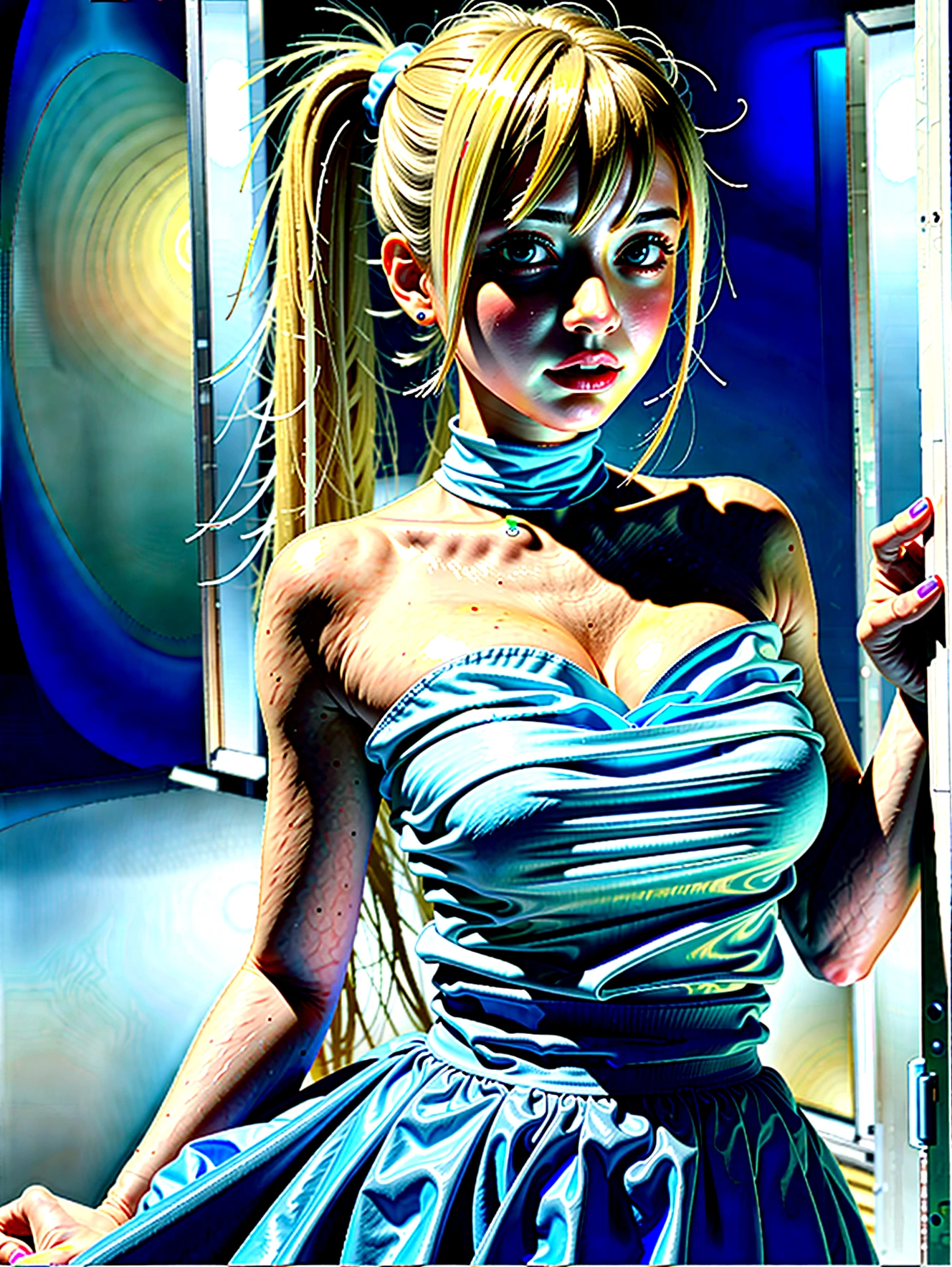 Portlet、、bright expression、Ponytail、Youthful, radiant, bright white skin、best looking、Blonde glare、Platinum blonde hair with dazzling highlights、shiny hair,、My hair is long, straight, very soft and smooth.、Beautiful, shiny bangs、Clear, sparkling blue eyes that were mesmerizing.、Very beautiful, cute, cute, 18 years old.、Lush chest、White and beautiful shirt、There is a slit.、((see full body))、Beautiful face、Clothes look tight on the chest.、I secretly、Curl your hair in a loose, fluffy style.、Plaid skirt、