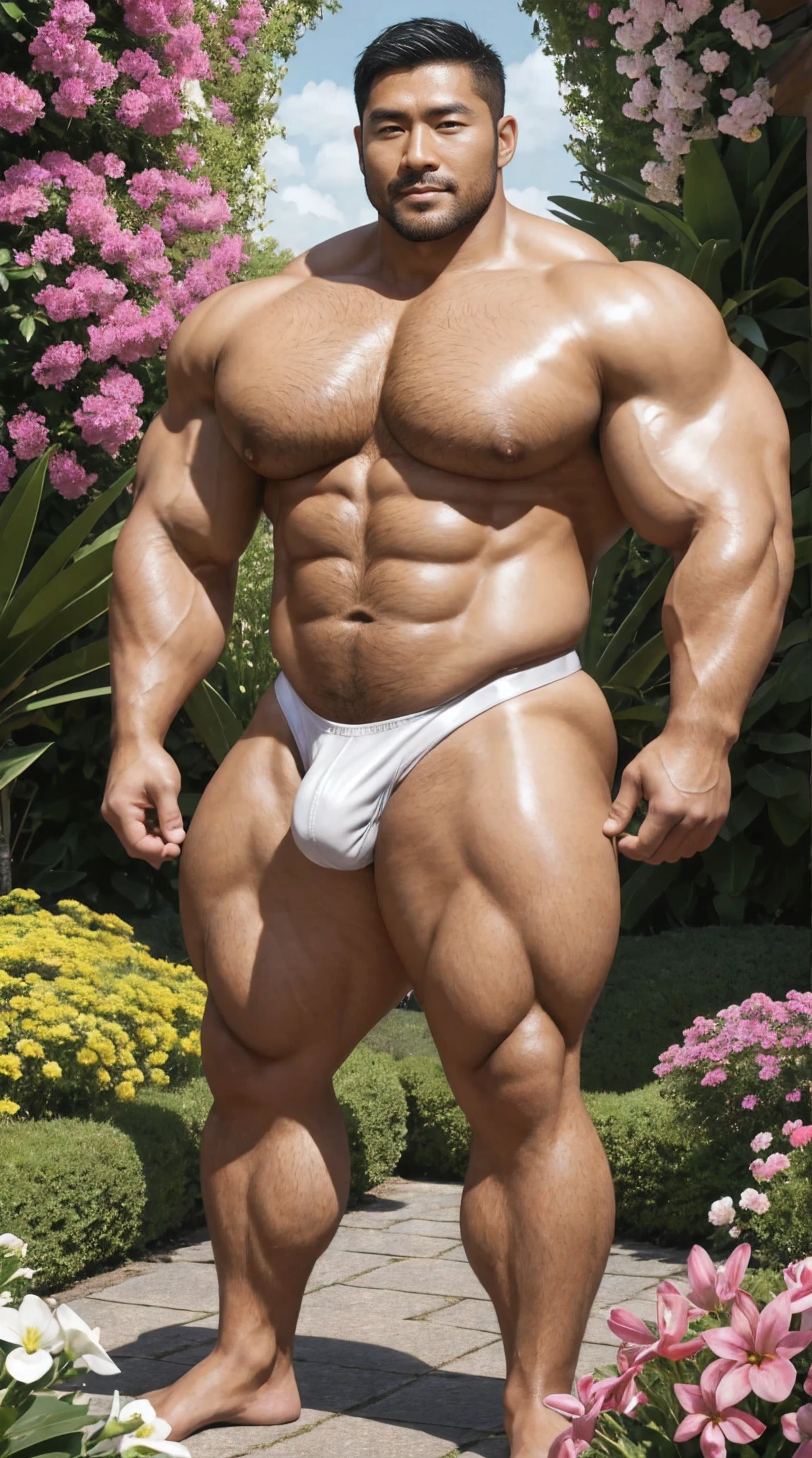There is only one handsome Asian actor in the photo，35 years old，High target, Fitness，short hair, O-Shaped Beard，Perfect body, Dark skin color，Radiant Skin，Smooth skin，Shiny, shiny skin，Smooth pectoral muscles，No chest hair，No body hair，Muscle bulge, muscular, Very large pectoral muscles，Very sexy abdominal muscles，Very well-developed leg muscles，Huge concave and convex area，Brightens oily skin，Wearing a white leather thong，Handsome face，Normal human toes，Correct and accurate male body proportions,，Standing in the fantasy flowers, charming dream scene, Lots of flowers in the background，Create a mysterious and charming feeling。