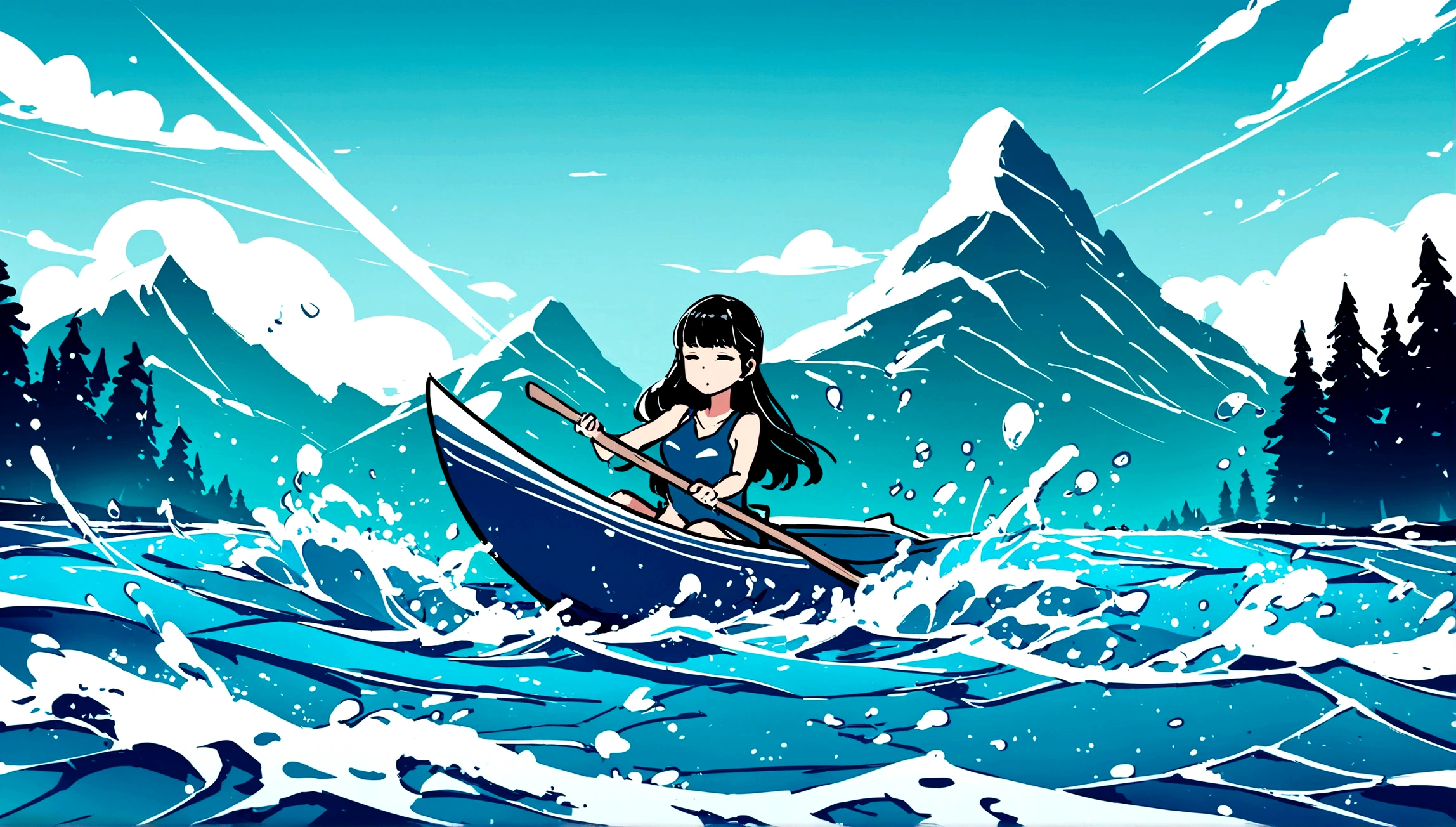 A woman gracefully sails a kayak, Gentle waves caress her boat, Be enveloped by the majestic beauty of emerald snow-capped mountains and the serene charm of the deep blue ocean.Water splash,There are trees on both sides,Cartoon 4k