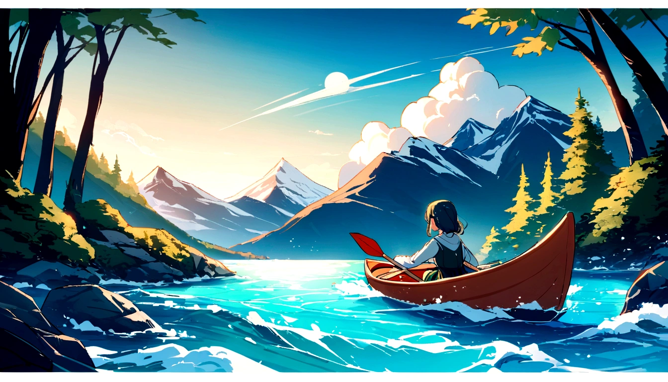 A woman gracefully sails a kayak, Gentle waves caress her boat, Be enveloped by the majestic beauty of emerald snow-capped mountains and the serene charm of the deep blue ocean.Water splash,There are trees on both sides,Cartoon 4k
