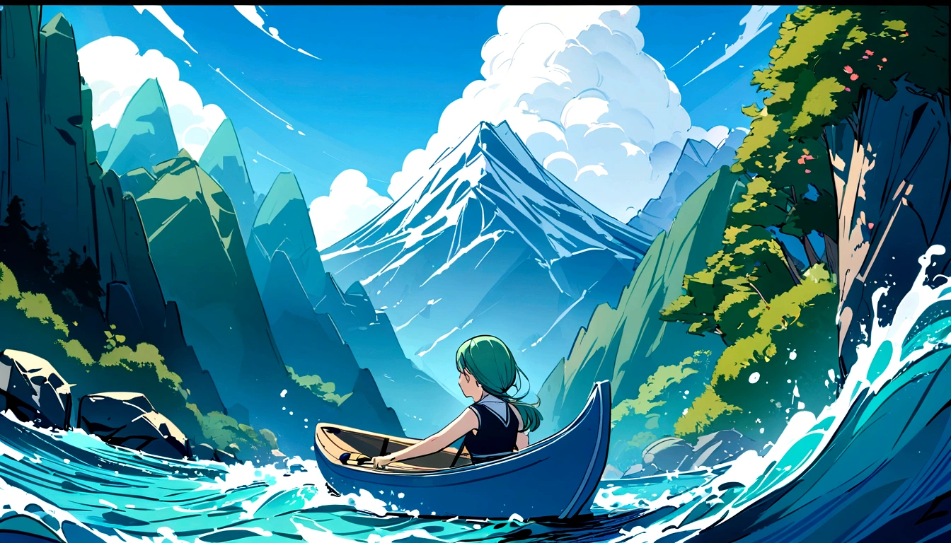 A woman gracefully sails a kayak, Gentle waves caress her boat, Be enveloped by the majestic beauty of emerald snow-capped mountains and the serene charm of the deep blue ocean.Water splash,There are trees on both sides,Cartoon 4k