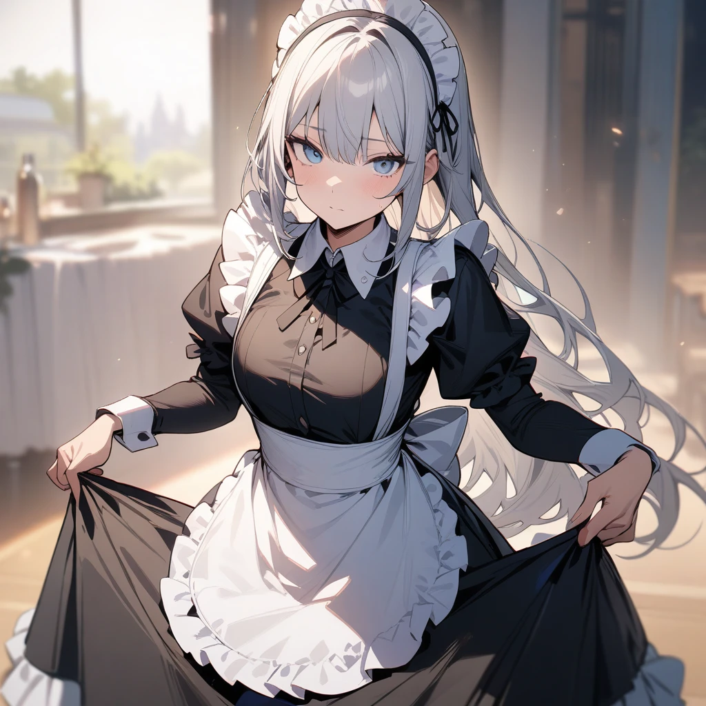 masterpiece, Highest quality, One girl, (Perfect Face), Maid clothes, Maid Apron, Maid's Headdress, frilled skirt, black heir, Intermediate heir, skirt, White panties, Thigh-high socks, Wide Hips, Are standing, Bad mood, indoor, (Sweat:1.5),Camel Toe, View your viewers, Low - Angle