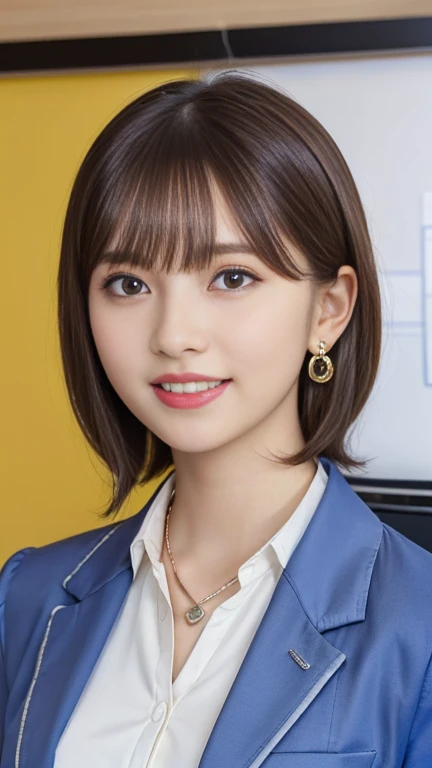 Highest quality:1.2), RAW Photos, High resolution, Very detailed, Intricate details, short hair、ear piercing、smile、Emphasis on teeth、、Light brown hair、 (Front view, ), Clear beauty, (High quality fabric, Office Lady Suits 、Jacket、Unbuttoned shirt 、Necklace around the neck、The background is the office、Dark eyeliner