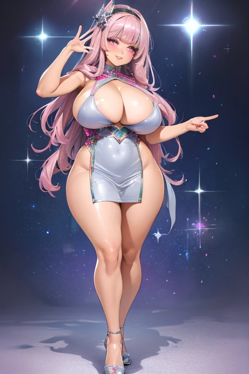 full body shot, realisticlying, Hyper realistic super detailed sexy detailed, 16K resolution, 4k resolution, (Ventre plat parfait), (image couleur), blunt bangs, sparkling, masterpiece, best quality, highly detailed BREAK, looking at viewer, masterpiece, best quality, highly detailed, desire, blush, (Beautiful and detailed pink eyes description), (beautiful and detailed face), Perfect female body, (Best Quality), (ultra-detailliert), (masuter piece), (hight resolution), (Original), (the Extremely Detailed CG Unity 8K Wallpapers), pink hair, anime sparkles, solo, 1girl, extremely thick, mature, huge breasts, extremely long hair, hairclip, soft pastel colors,massive breasts, breasts falling out of bikini, peace sign, anime sparkles, underboob, kawaii, super happy expression,one eye open, super excited, anime sparkles, sparkles, silver luxurious dress, on a night out, rich, silver cocktail dress, expensive
