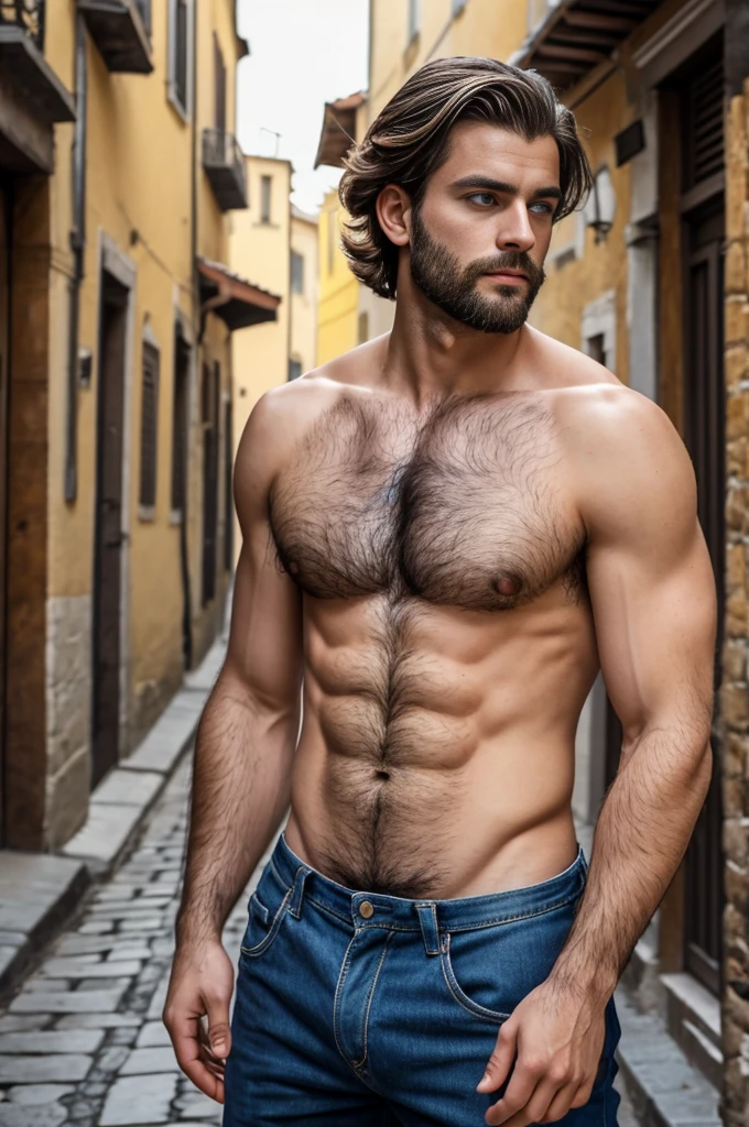 man, 25 years old, very hairy, (blue eyes), handsome, 1900 style, no shirt, hairy chest, from Italy, FUJIFILM, cinematography, 16k, uhd, in a street
