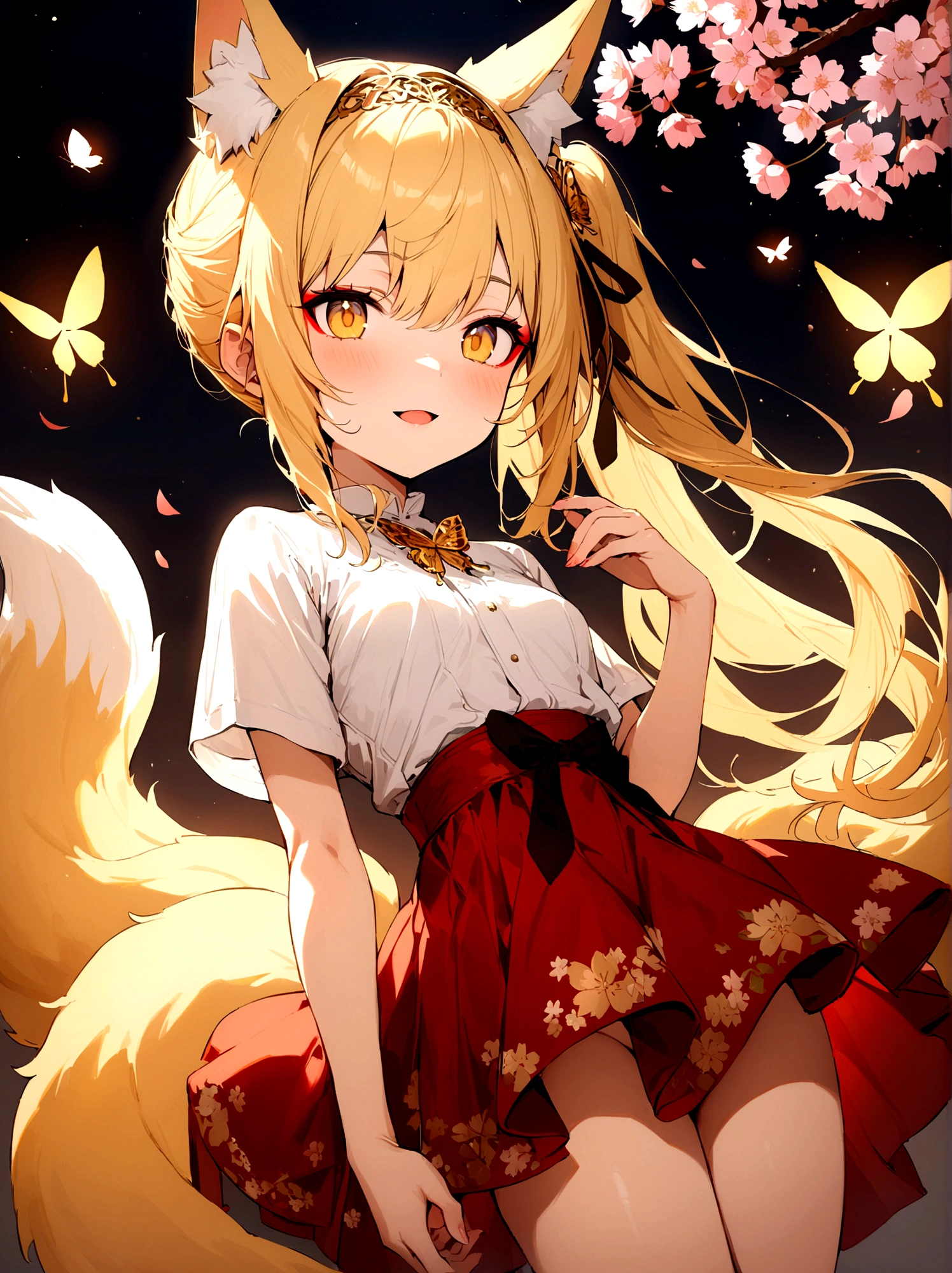 (masterpiece, best quality) junior,detailed, (beautiful,small breasts), blonde,long hair, side ponytail(gold butterfly hairband), elegant, (fox ears),nine tailed fox tail, red eyeshadow, golden eyes, femur,漏出femur, white shirt,free,red skirt,cherry blossom tree background,girl,NIGHT