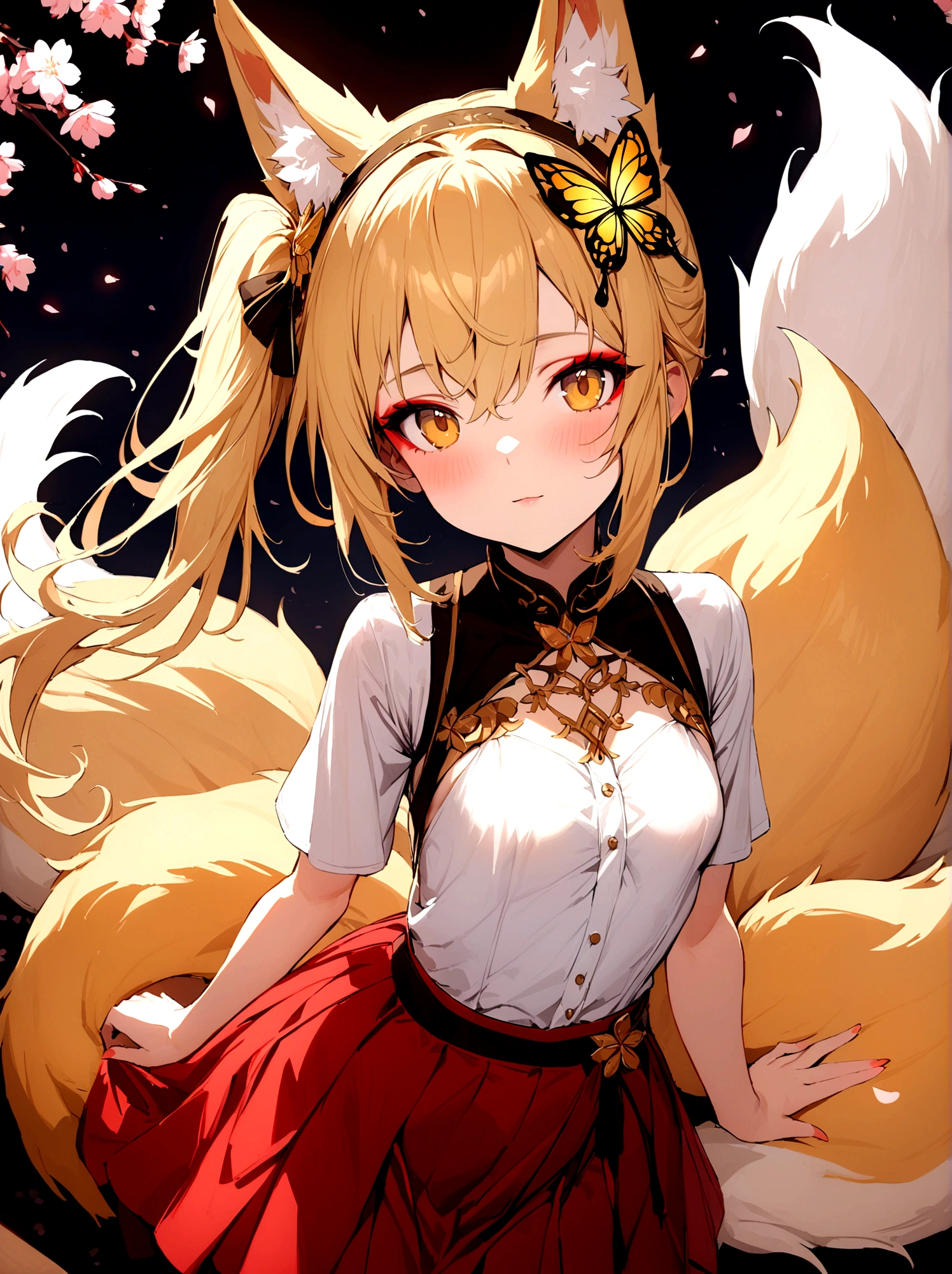(masterpiece, best quality) junior,detailed, (beautiful,small breasts), blonde,long hair, side ponytail(gold butterfly hairband), elegant, (fox ears),nine tailed fox tail, red eyeshadow, golden eyes, femur,漏出femur, white shirt,free,red skirt,cherry blossom tree background,girl,NIGHT