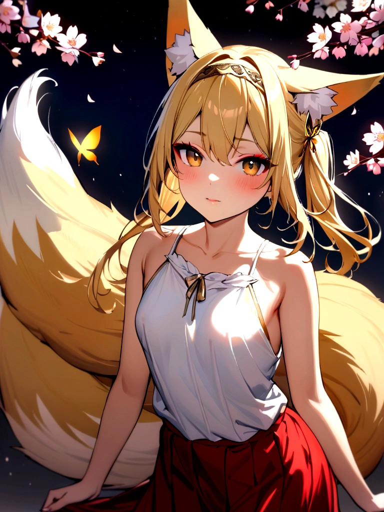 (masterpiece, best quality) junior,detailed, (beautiful,small breasts), blonde,long hair, side ponytail(gold butterfly hairband), elegant, (fox ears),nine tailed fox tail, red eyeshadow, golden eyes, femur,漏出femur, white shirt,free,red skirt,cherry blossom tree background,girl,NIGHT