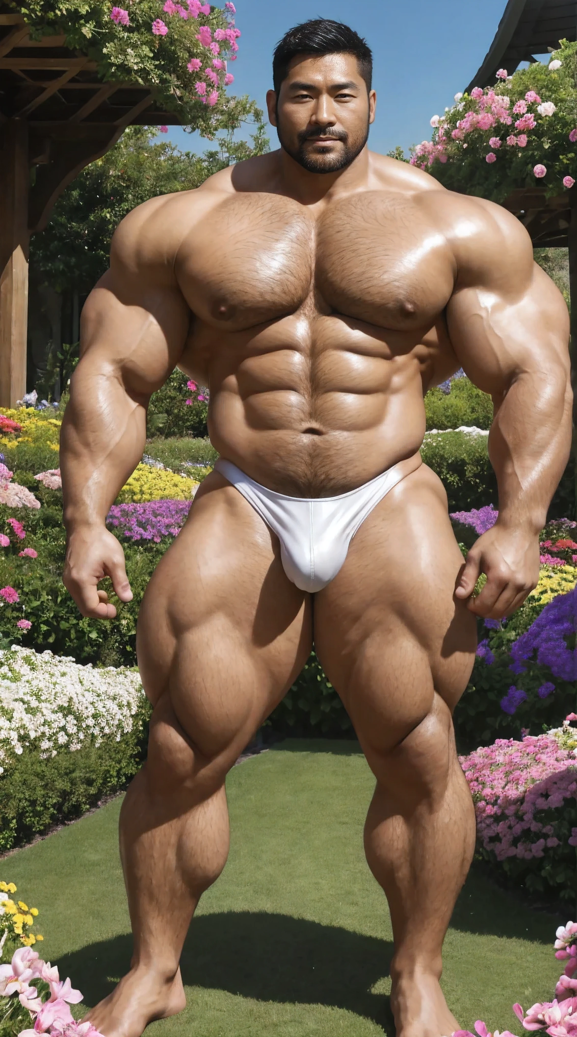 There is only one handsome Asian actor in the photo,35 years old,High target, Fitness,short hair, O-Shaped Beard,Perfect body, Dark skin color,Radiant Skin,Smooth skin,Shiny, shiny skin,Smooth pectoral muscles,No chest hair,No body hair,Muscle bulge, muscular, Very large pectoral muscles,Very sexy abdominal muscles,Very well-developed leg muscles,Huge concave and convex area,Brightens oily skin,Wearing a white leather thong,Handsome face,Normal human toes,Correct and accurate male body proportions,,Standing in the fantasy flowers, charming dream scene, Lots of flowers in the background,Create a mysterious and charming feeling。