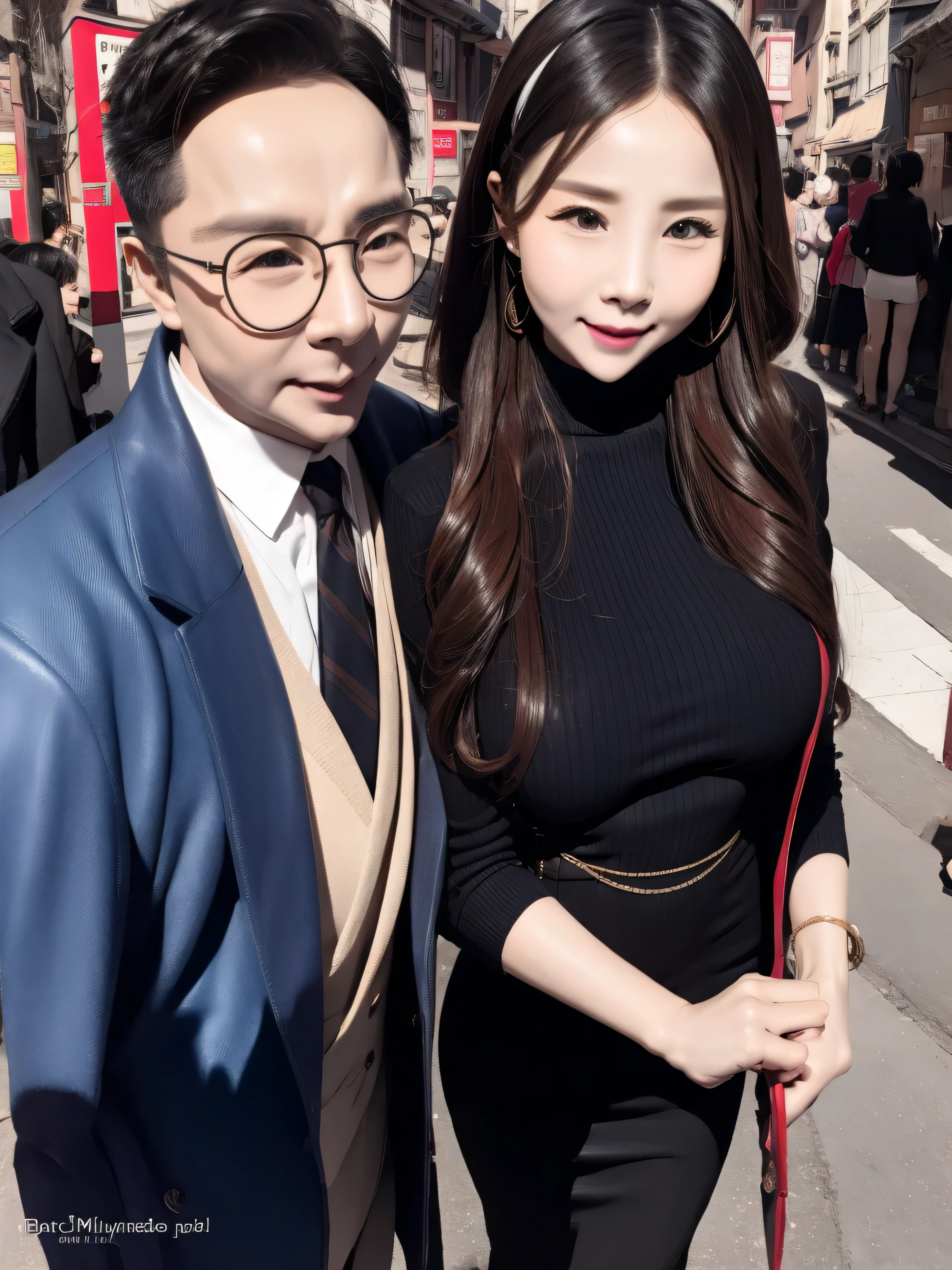 In a crowded street，a beautiful woman wearing sexy suit and an old man are making out on road side, UHD, masterpiece, textured skin, super detail, best quality, 8k