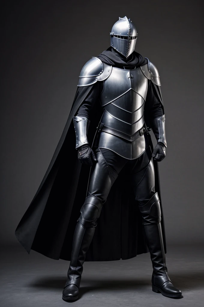 A Knight wearing cape with a black skin tight suit with silvet paddings on his knees, shoulders. 
And also wears boots and gloves