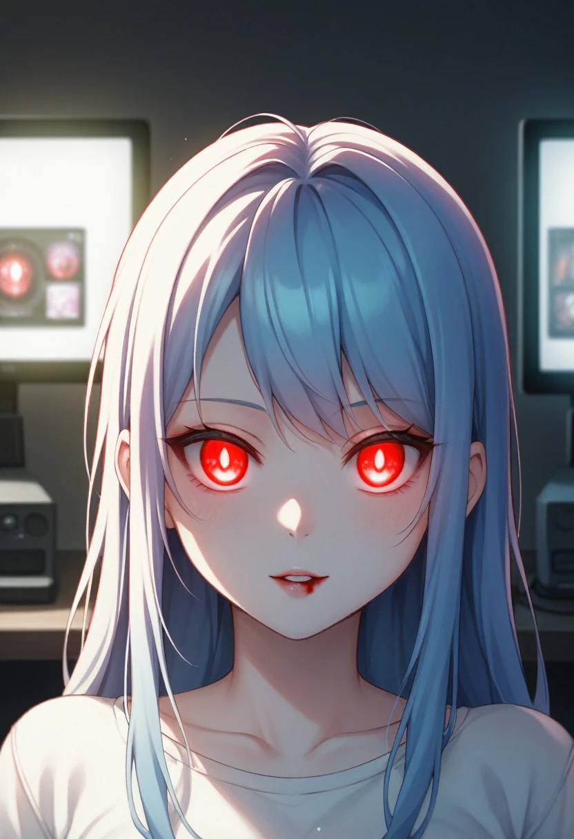 masterpiece, 1 girl, upper body, upclose, girl infront, looks at the viewer, Eyes in TV, Monitors with eyes in background, in doors, red eyes, blood, long blue hair, blue hair, many details, back facing viewer, head turned to look at viewer, emotionless, dim room, only light from tv monitors, monitors with eyes, Many screens showing different things, 1 girl in a screen, detailed eyes in the other screens, well lit, blood on hair, blood dripping from eyes, eyes with crosses in them, pale skin, seperate monitors, emotionless face, glowing eyes, long hair, white hair, eyes split in half, detailed, neon eyes, beautiful eyes, cool eyes, large monitor screen displaying beautiful eyes in background, girl in the center, silhouette of a girl in the center, red lighting, red eyes, blood, detailed, glowing, dim room, lighting from screens, massive screens displaying giant girl in the background , long hair,in a cinema room, dim lighting, bright lighting, red eyes, girl on screen panel, eyes in screen panels, long red hair, bright red hair, long hair, hair glowing, well lit, detailed, detailed lighting, well lit hair, well lit face, looking at viewer, dim room, screen monitor panels, monitors with girl in them, emotionless expression, eye in monitor screen, lots of monitor panels, sectioned panels, glowing eyes, red eyes,