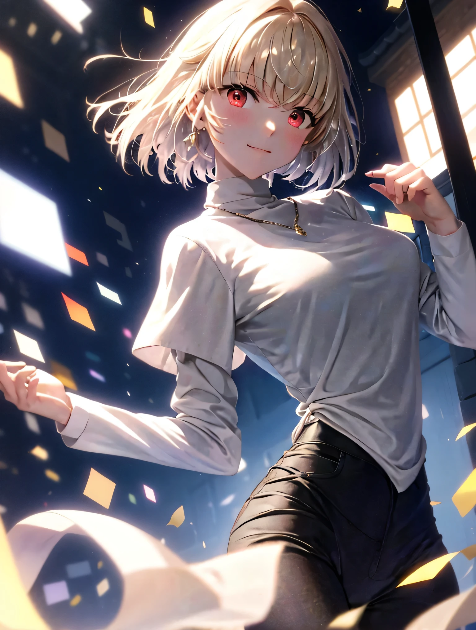 absurdres, uhd, 16k, 1girl, arcueid \(tsukihime\), 1girl, alley, nighttime, moon, stars, short blonde hair, (((red eyes))), arms behind back, white turtleneck, blush, building, cowboy shot, day, chain necklace \(arcueid\) on chest, large breasts, looking at viewer, outdoors, smile, solo, standing, taut clothes, tight black pants, thigh gap, closed mouth, leaning forward, 2hands, accurate fingers, loish hands, extreme hand detail, normal hands, with fingers, accurate hands, 2thumb