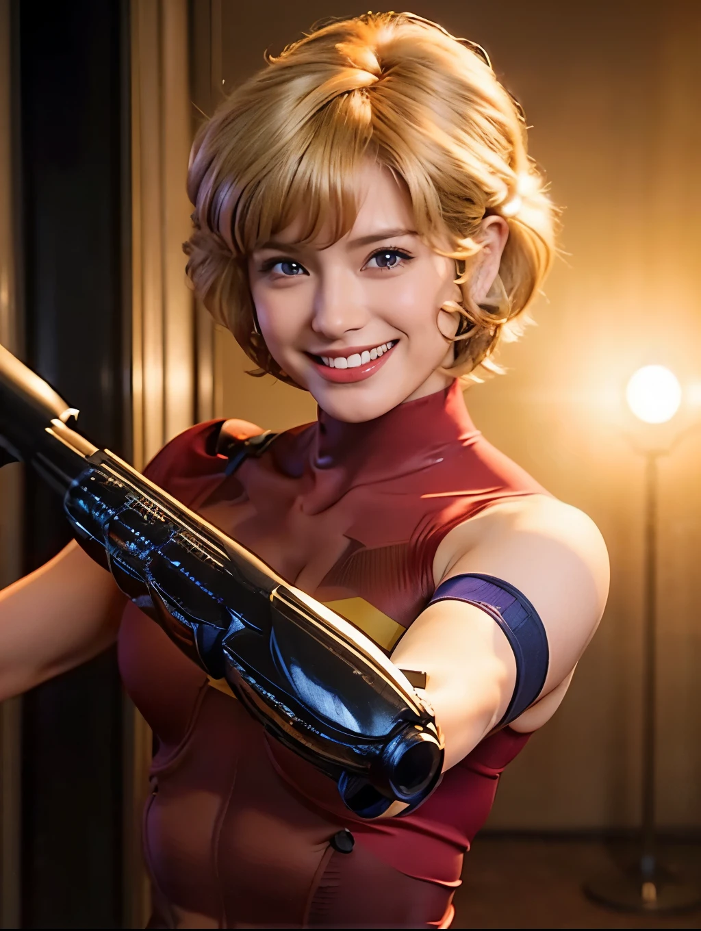 (photoRealstic:1.4),(hyper realisitic:1.4),(realisitic:1.3),(Smooth lighting:1.05),(Improved cinematic lighting:0.9),32k,1 girl,Realistic lighting,raytrace,(japanes:1.2),Detailed eyes,,(smile :1.5),Blonde,Perm,short hair,Red bodysuit,cigar,(Dynamic Pose:1.2),(Action pose:1),(arm cannon:1.2)
