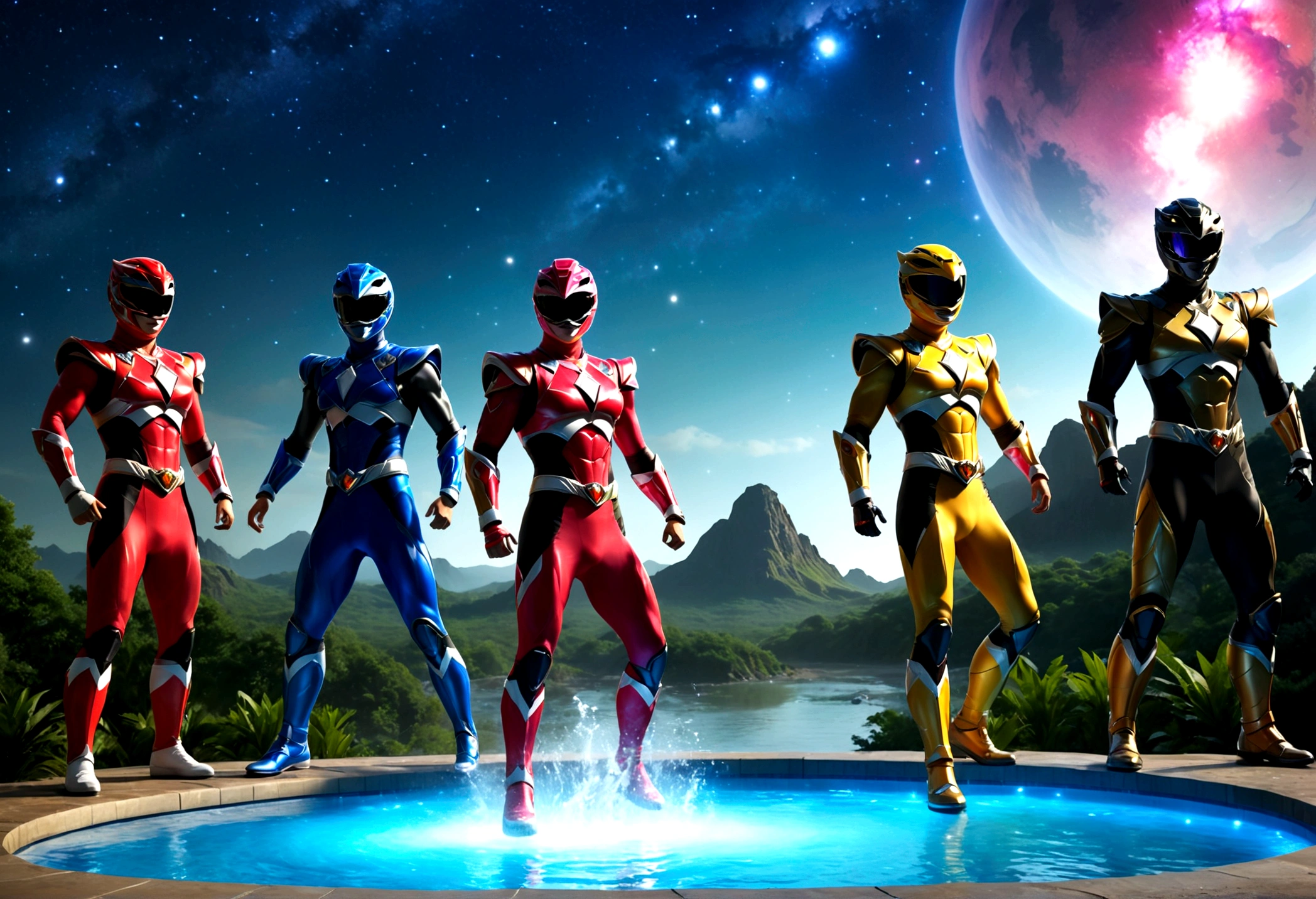 a colorful group of power rangers in vibrant swimsuits enjoying a pool party, zoids dancing among the stars in a magical night sky on a ranger asteroid, detailed cinematic lighting, vibrant colors, dynamic poses, (best quality,4k,8k,highres,masterpiece:1.2),ultra-detailed,(realistic,photorealistic,photo-realistic:1.37),cinematic lighting, stunning vfx, highly detailed characters, dynamic action scene, vivid colors, fantasy sci-fi landscape
