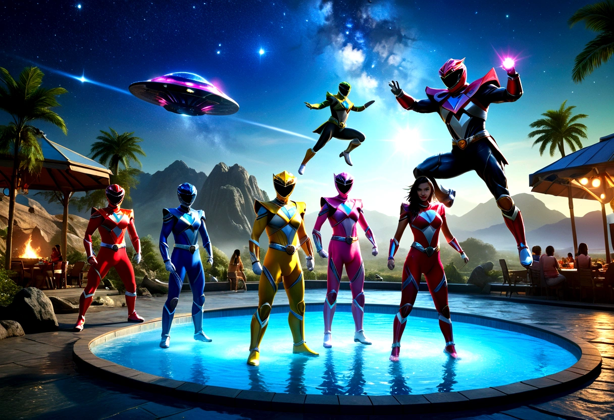 a colorful group of power rangers in vibrant swimsuits enjoying a pool party, zoids dancing among the stars in a magical night sky on a ranger asteroid, detailed cinematic lighting, vibrant colors, dynamic poses, (best quality,4k,8k,highres,masterpiece:1.2),ultra-detailed,(realistic,photorealistic,photo-realistic:1.37),cinematic lighting, stunning vfx, highly detailed characters, dynamic action scene, vivid colors, fantasy sci-fi landscape
