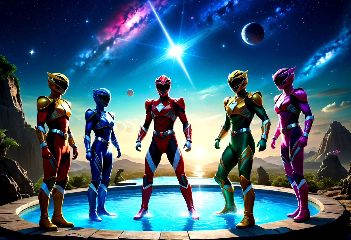 a colorful group of power rangers in vibrant swimsuits enjoying a pool party, zoids dancing among the stars in a magical night sky on a ranger asteroid, detailed cinematic lighting, vibrant colors, dynamic poses, (best quality,4k,8k,highres,masterpiece:1.2),ultra-detailed,(realistic,photorealistic,photo-realistic:1.37),cinematic lighting, stunning vfx, highly detailed characters, dynamic action scene, vivid colors, fantasy sci-fi landscape