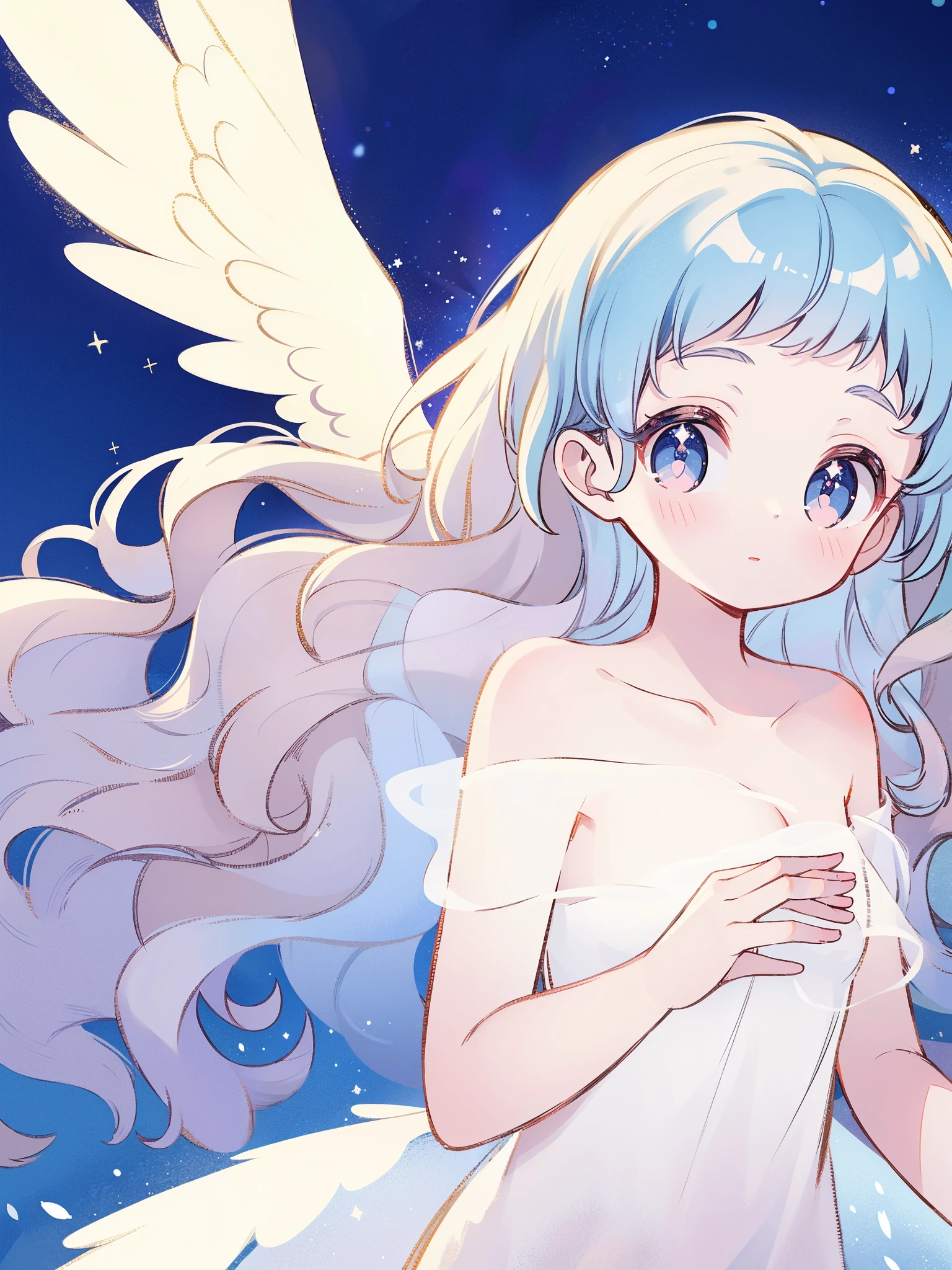 nude angel girl wearing an ethereal translucent dress, pale skin, ((wavy blue hair)), white feathers, angel wings, sparkling detailed eyes, golden ratio face, perfect composition, highly detailed, ethereal, (starry night sky background), midjourney style