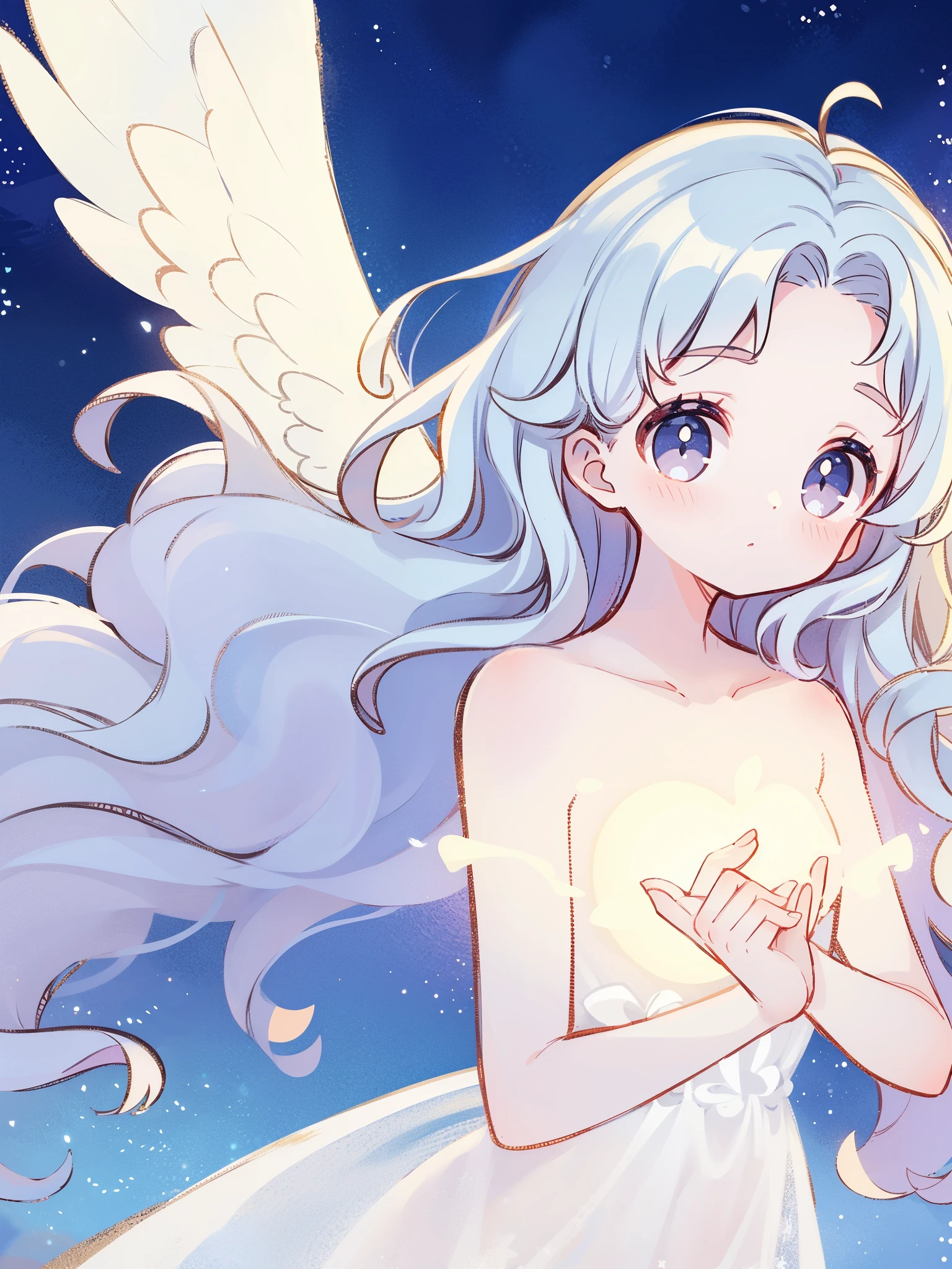 nude angel girl wearing an ethereal translucent dress, pale skin, ((wavy blue hair)), white feathers, angel wings, sparkling detailed eyes, golden ratio face, perfect composition, highly detailed, ethereal, (starry night sky background), midjourney style