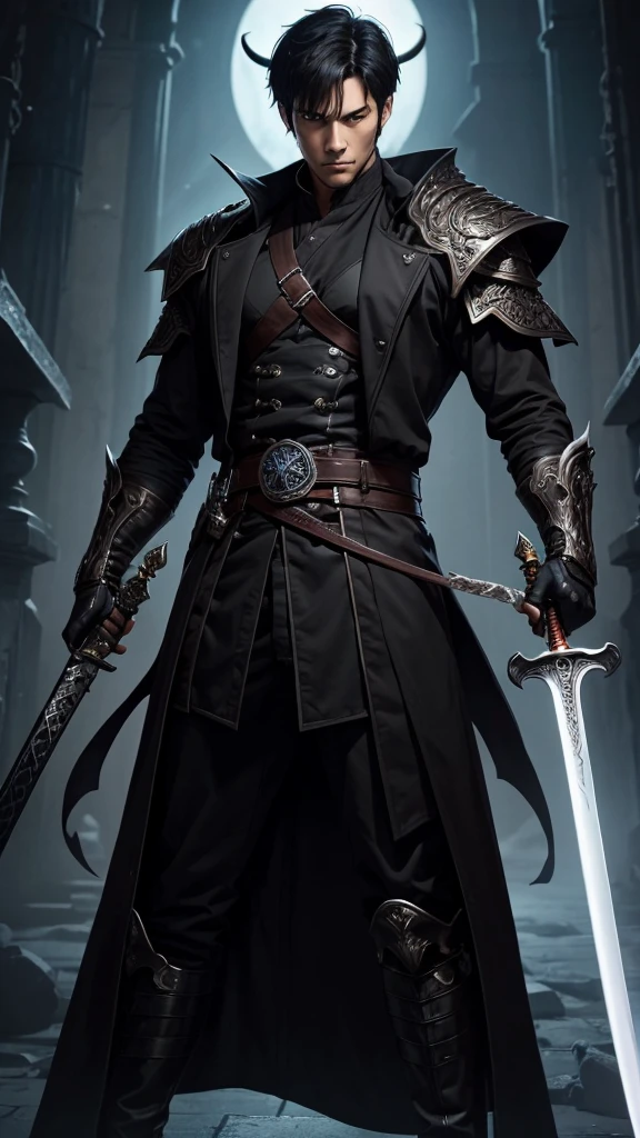 A man, 28 years old, 186cm, jacked body, wearing demon general coat, holding Soul Reaper sword, black short hair, brown eyes, detailed face, detailed clothes, standing firm, fierce expression, fantasy setting. 