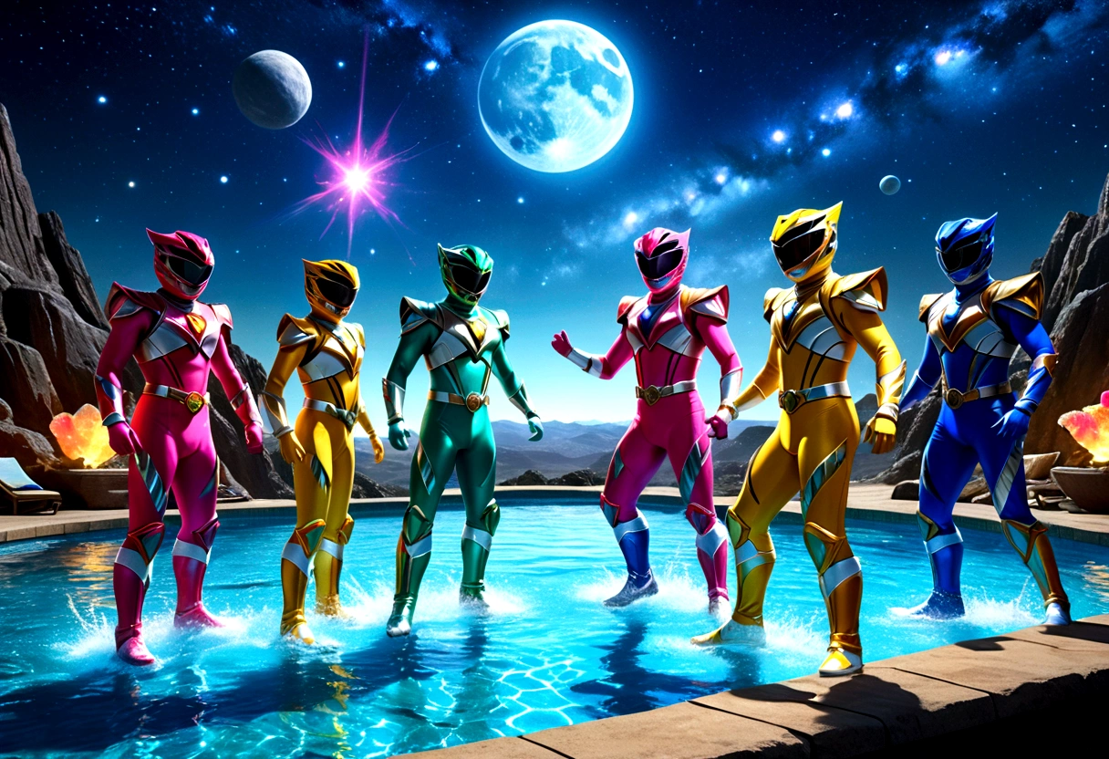 a colorful group of power rangers in vibrant swimsuits enjoying a pool party, zoids dancing among the stars in a magical night sky on a ranger asteroid, detailed cinematic lighting, vibrant colors, dynamic poses, (best quality,4k,8k,highres,masterpiece:1.2),ultra-detailed,(realistic,photorealistic,photo-realistic:1.37),cinematic lighting, stunning vfx, highly detailed characters, dynamic action scene, vivid colors, fantasy sci-fi landscape