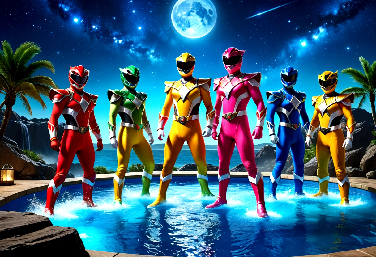 a colorful group of power rangers in vibrant swimsuits enjoying a pool party, zoids dancing among the stars in a magical night sky on a ranger asteroid, detailed cinematic lighting, vibrant colors, dynamic poses, (best quality,4k,8k,highres,masterpiece:1.2),ultra-detailed,(realistic,photorealistic,photo-realistic:1.37),cinematic lighting, stunning vfx, highly detailed characters, dynamic action scene, vivid colors, fantasy sci-fi landscape
