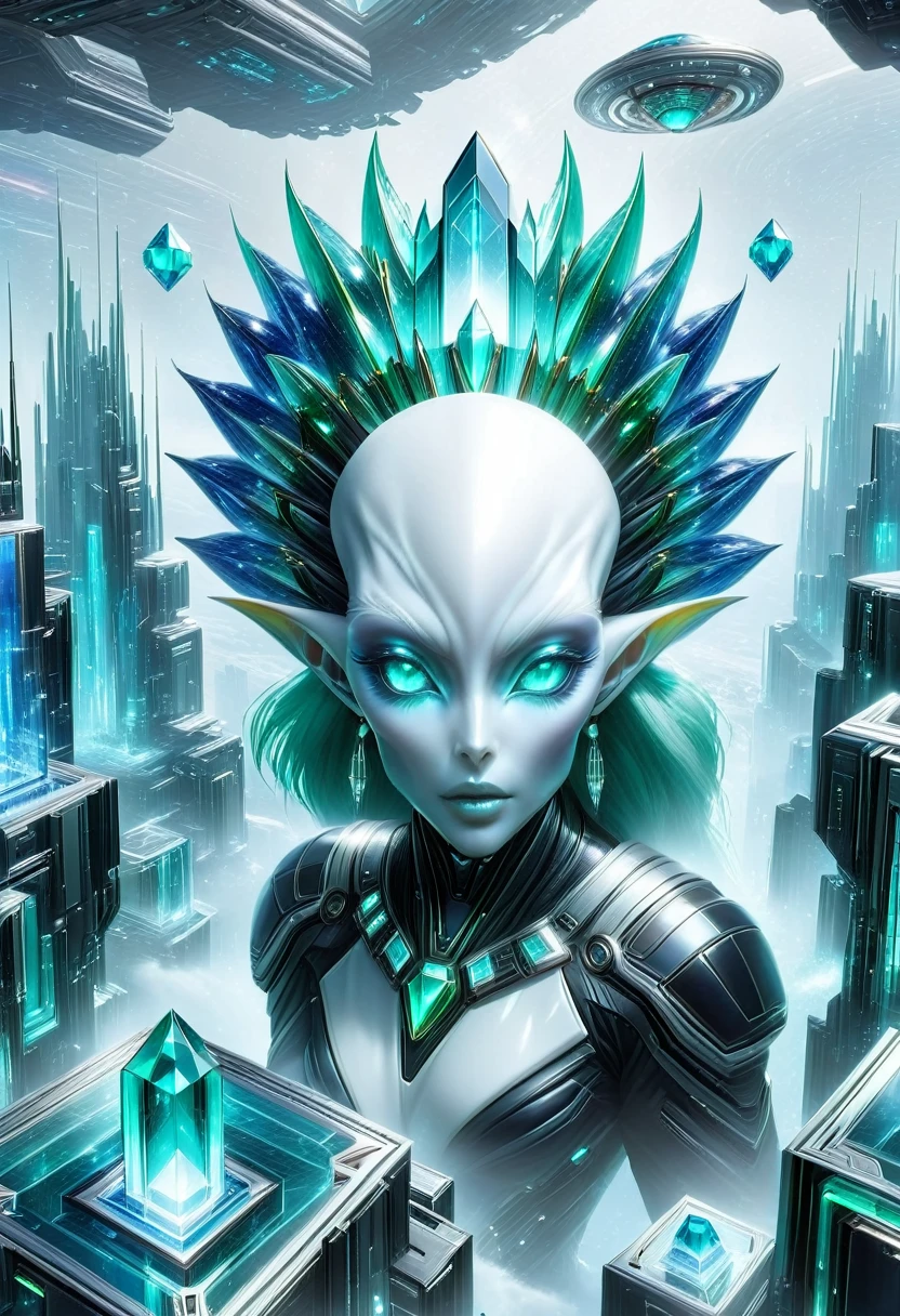Sci-Fi, cyberpunk, люминесценция, composition of glass sapphires, close up of the alien super weird face, плазменное газоразрядное свечение, white on white on a white background, composition of glass emeralds, technologies of the future, цифровая живопись, эстетика Tron, high octane, chrome, space, ufos, hdr, 5d