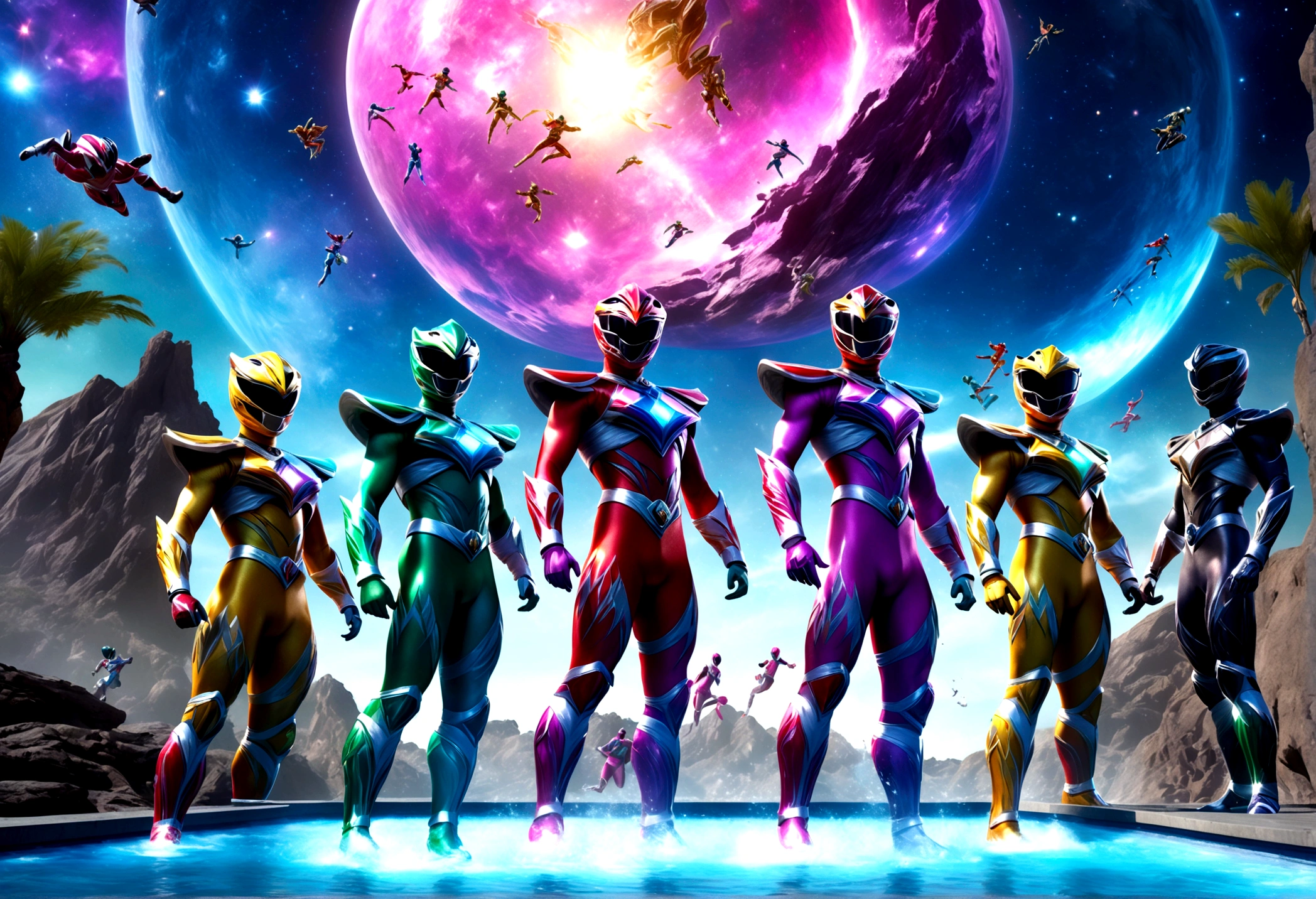 a colorful group of power rangers in vibrant swimsuits enjoying a pool party, zoids dancing among the stars in a magical night sky on a ranger asteroid, detailed cinematic lighting, vibrant colors, dynamic poses, (best quality,4k,8k,highres,masterpiece:1.2),ultra-detailed,(realistic,photorealistic,photo-realistic:1.37),cinematic lighting, stunning vfx, highly detailed characters, dynamic action scene, vivid colors, fantasy sci-fi landscape