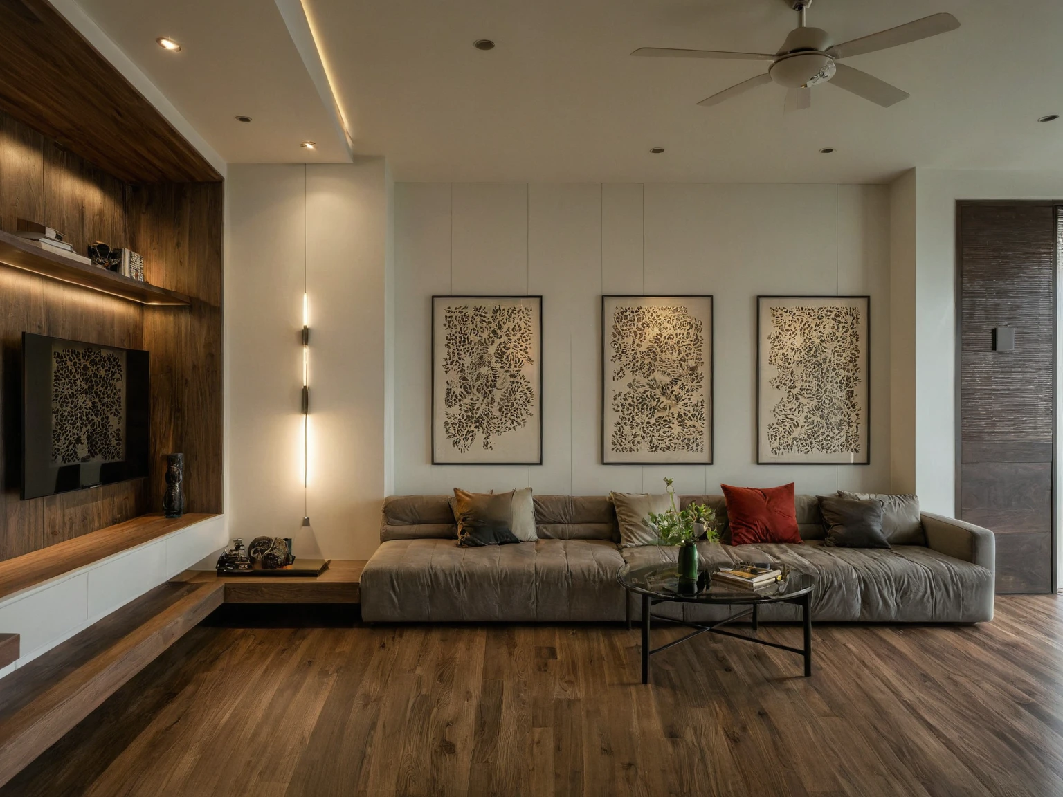 Raw photo, Masterpiece, high quality, best quality, authentic, super detail, interior, indoors,  style modern, minimalist line, wooden, dark walnut wood, LED light, white paint wall, LIVING ROOM, PEN HOUSE, wooden window, japan style, wasabi style, Jen style, steel stair, glass railing, paint wall decor, bookshelf, livingroom, Indochine style, book shop