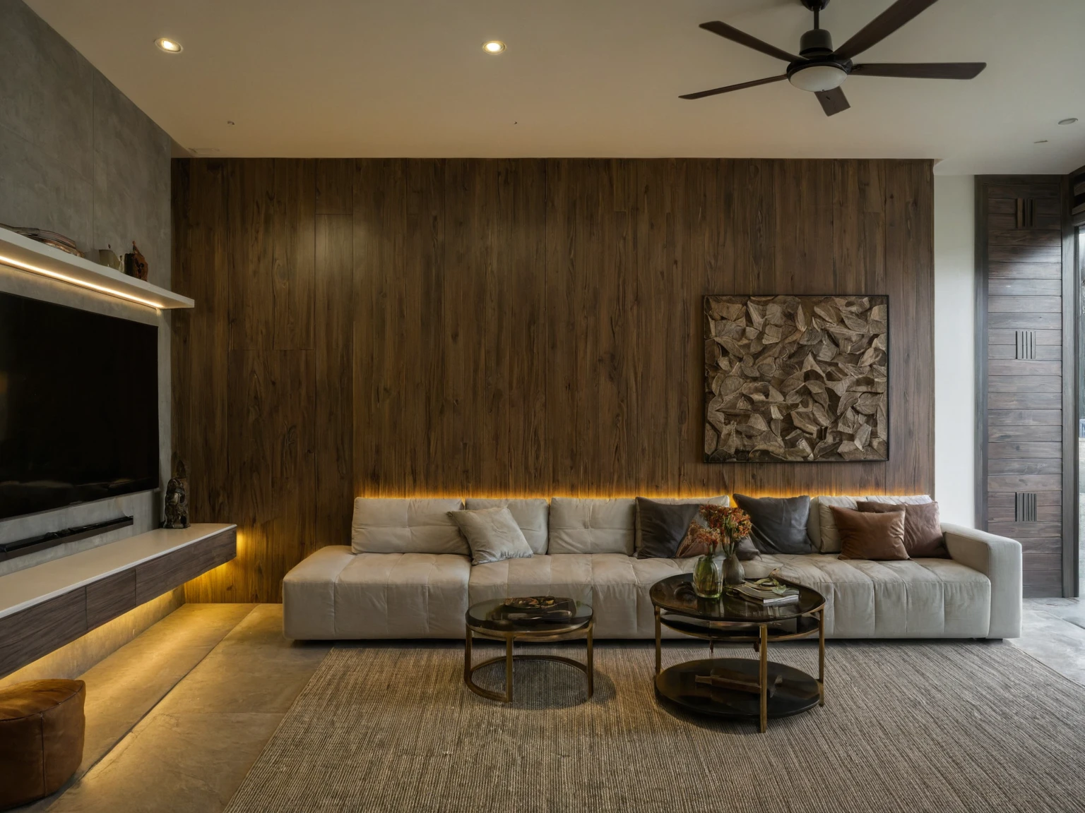Raw photo, Masterpiece, high quality, best quality, authentic, super detail, interior, indoors,  style modern, minimalist line, wooden, dark walnut wood, LED light, white paint wall, LIVING ROOM, PEN HOUSE, wooden window, japan style, wasabi style, Jen style, steel stair, glass railing, paint wall decor, bookshelf, livingroom, Indochine style, book shop