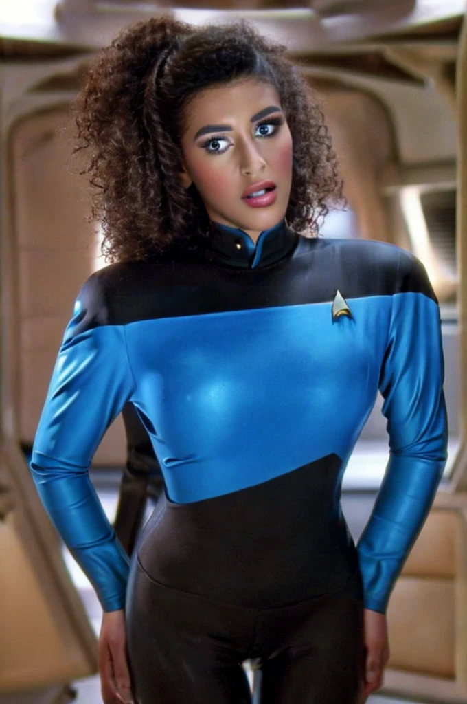 (best quality, high resolution:1.2, hyper realistic, realistic:1.37), Black woman wearing blue Starfleet uniform, Seven of Nine, James Daly art style, detailed facial features, intricate uniform design, futuristic background, vibrant colors, professional rendering, sharp focus, studio lighting