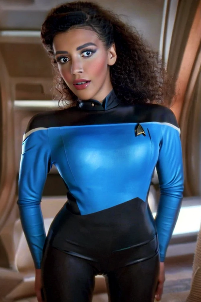 (best quality, high resolution:1.2, hyper realistic, realistic:1.37), Black woman wearing blue Starfleet uniform, Seven of Nine, James Daly art style, detailed facial features, intricate uniform design, futuristic background, vibrant colors, professional rendering, sharp focus, studio lighting