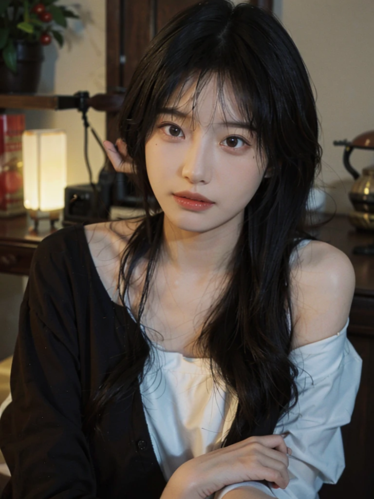 best quality, masterpiece, ultra highres, (photorealistic:1.4), girl, shoulder, length wavy hair, (beautiful detailed eyes), 