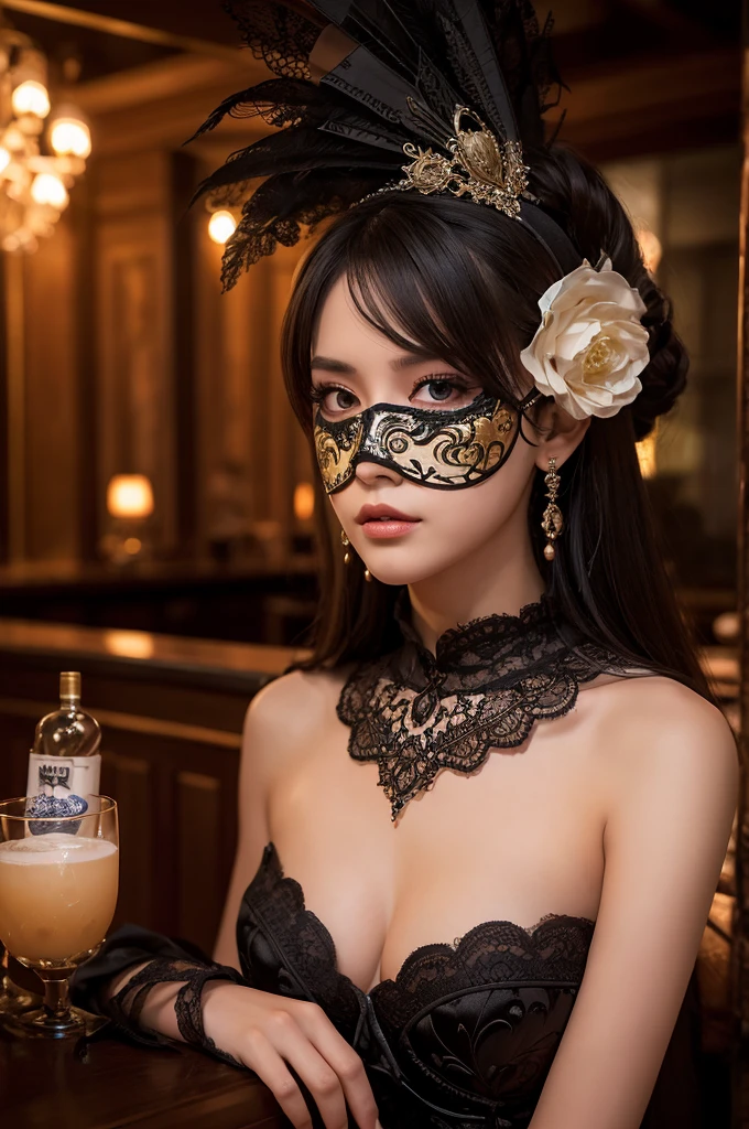 Create a full-body photo of a woman at a secret masquerade party. She is wearing an intricate Venetian mask and an elaborate costume, exuding elegance and mystery. Focus on her sophisticated appearance, highlighting her beautifully detailed eyes and lips. Ensure her face and features are meticulously detailed, with a complex mask design. The scene is set inside a bar with a modern interior and red lighting, creating a moody and enigmatic atmosphere. Use dramatic chiaroscuro lighting with rich shadows to enhance the cinematic quality. The lighting should be dim to emphasize the secretive feel. Ensure the image is of the highest quality, with 4k, 8k resolution, and a masterpiece level of detail. The style should be ultra-detailed, realistic, and photorealistic, with a rich, refined, and captivating color palette. Exclude any cold masks or mouth masks from the design.